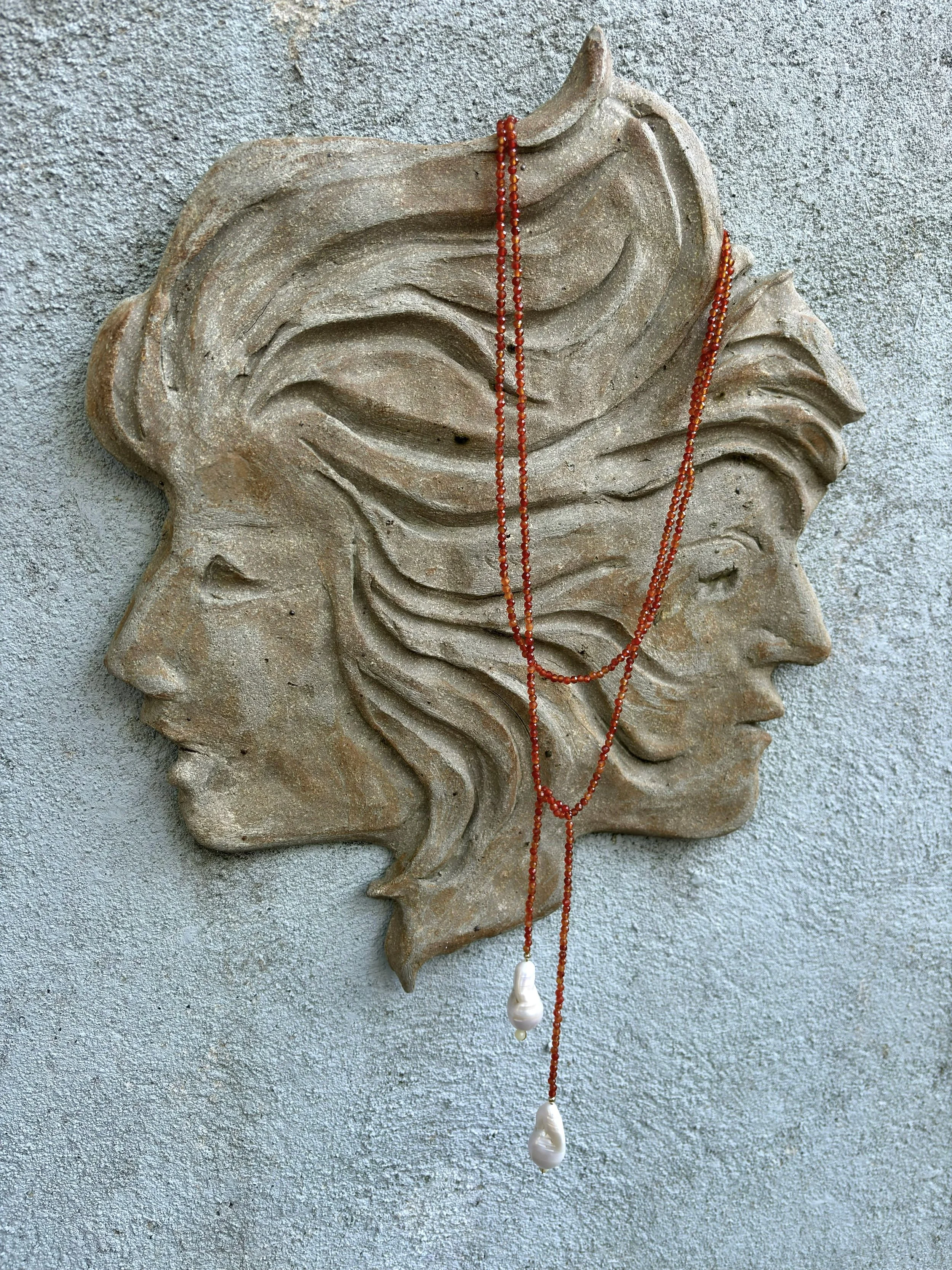 Carnelian and Pearl Lariat Necklace
