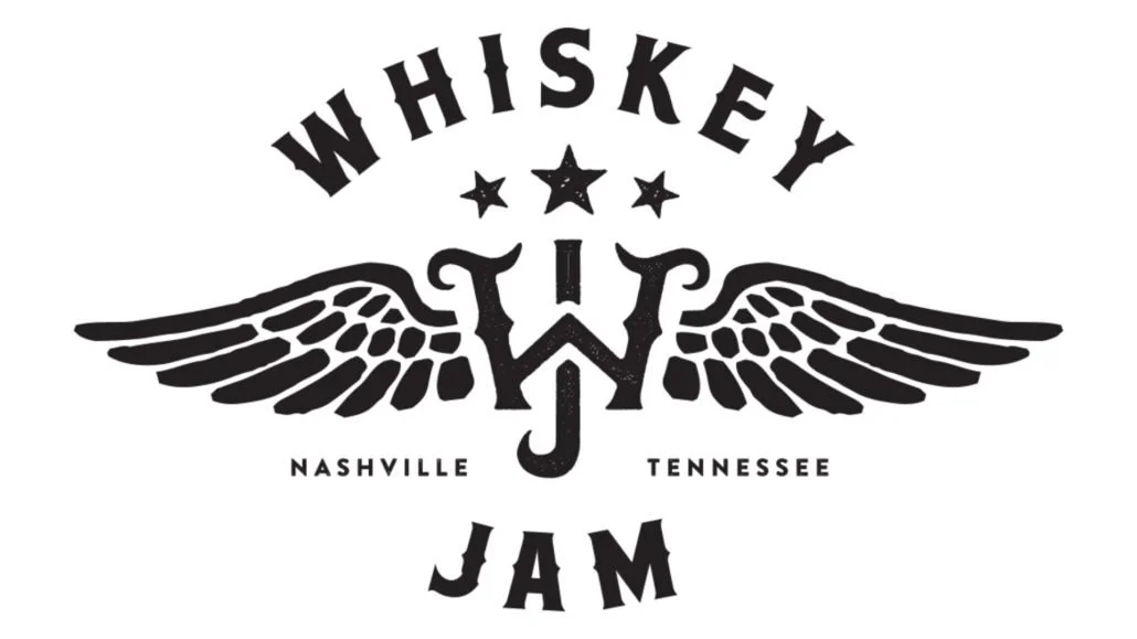 Black and white logo with the words 'Whiskey Jam' and 'Nashville Tennessee' and a stylized 'WJ' with wings and three stars above.