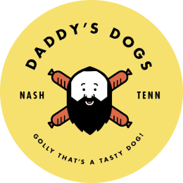 Logo for Daddy's Dogs featuring a cartoon dog with a beard, holding two hot dogs, on a yellow background with black text.