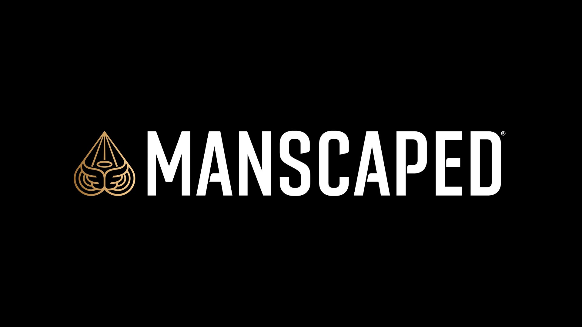 Logo for Manscaped featuring a stylized gold outline of a nose with a mustache and the word "MANSCAPED" in bold white letters.