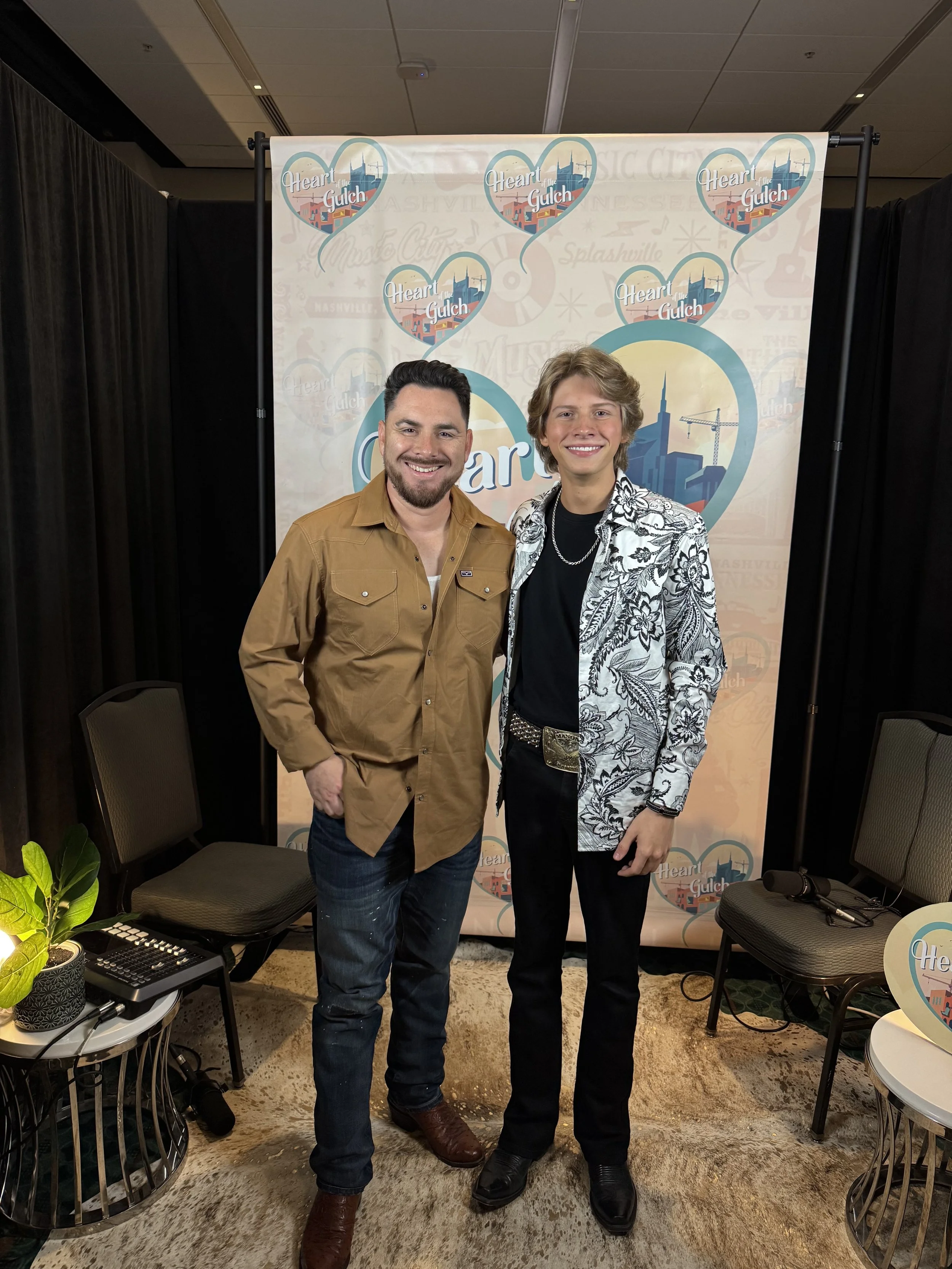 Tony Mendoza and country singer Mason Ramsey pose together following their Heart of the Gulch interview during CMA Fest in Nashville.