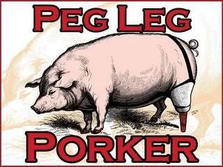 A pig with a peg leg and a prosthetic hanging from its hind leg, with the text 'Peg Leg Porker' above and below.