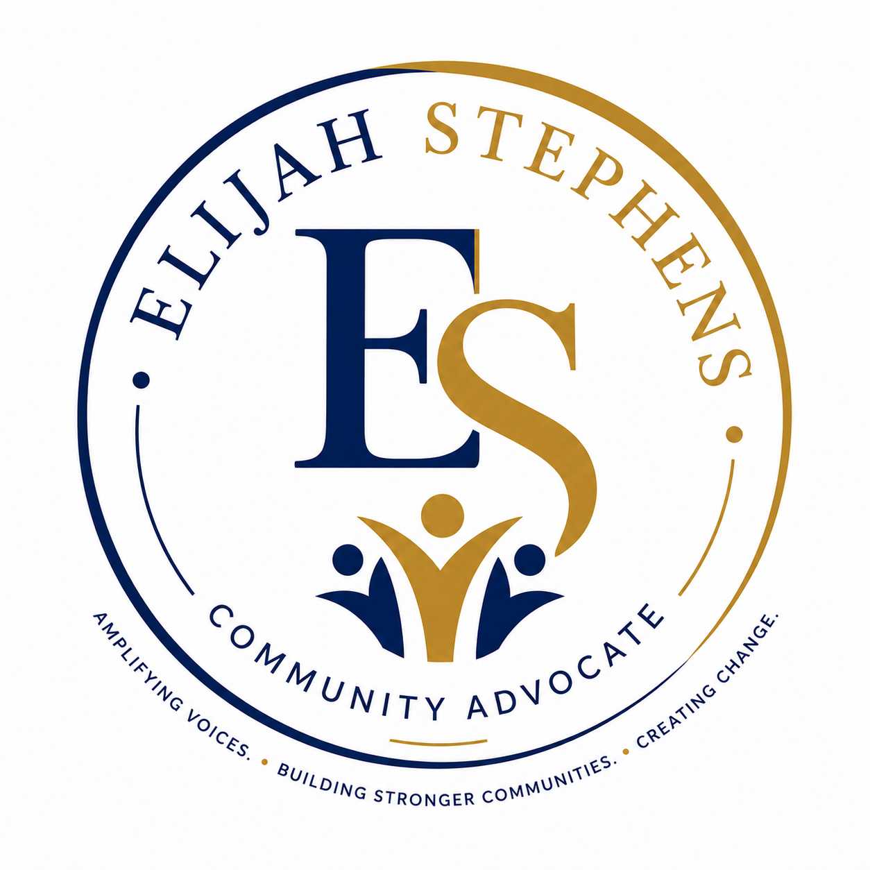 Circular logo with 'Elijah Stephens' at top, 'Community Advocate' at bottom, and 'E S' in the center, with stylized figures at the bottom.