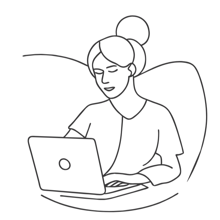 Line drawing of a woman working on a laptop at a desk, with her hair in a bun and wearing a shirt.