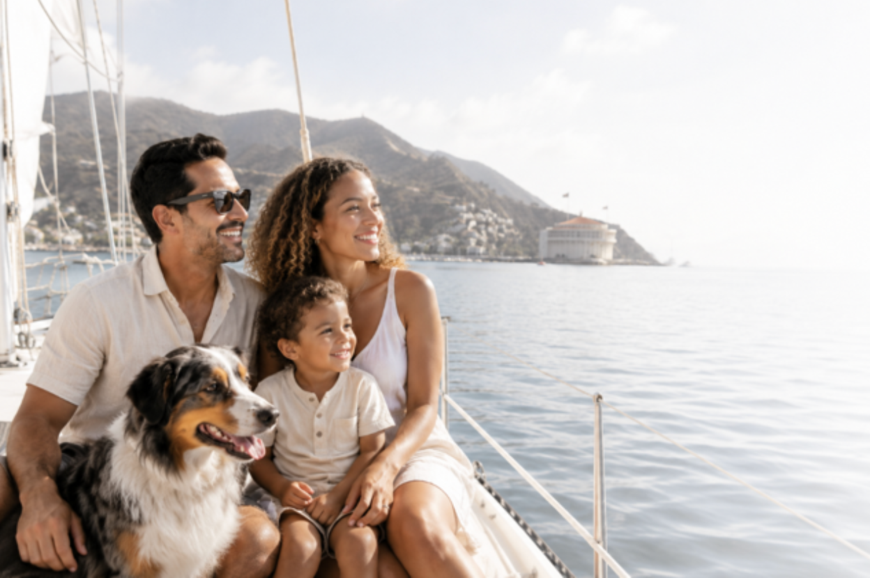 Family with dog enjoying a boat ride on the water with mountains and a building in the background.