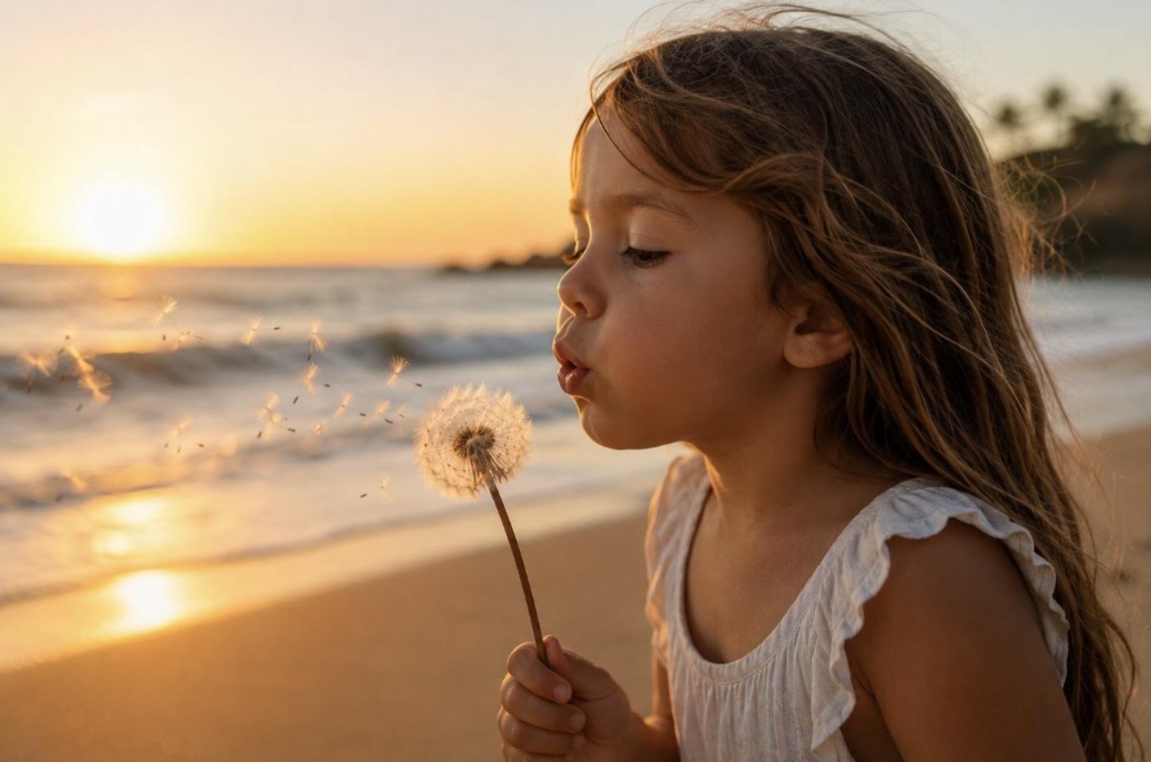 A young girl with brown hair blowing on a dandelion on the beach at sunset, with the ocean and palm trees in the background.