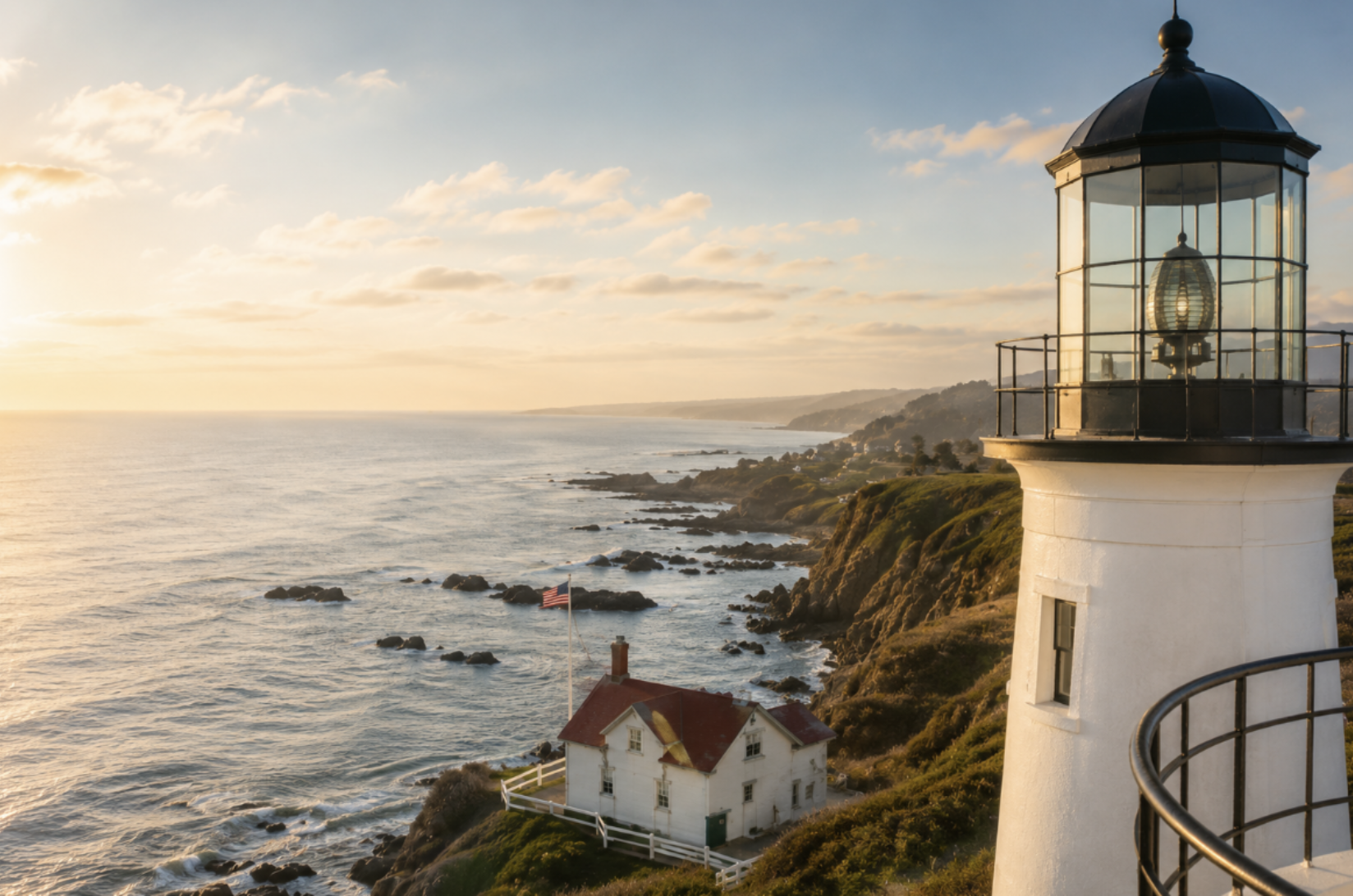 Lighthouse on a cliff overlooking the ocean at sunset, with a house and a flag nearby.