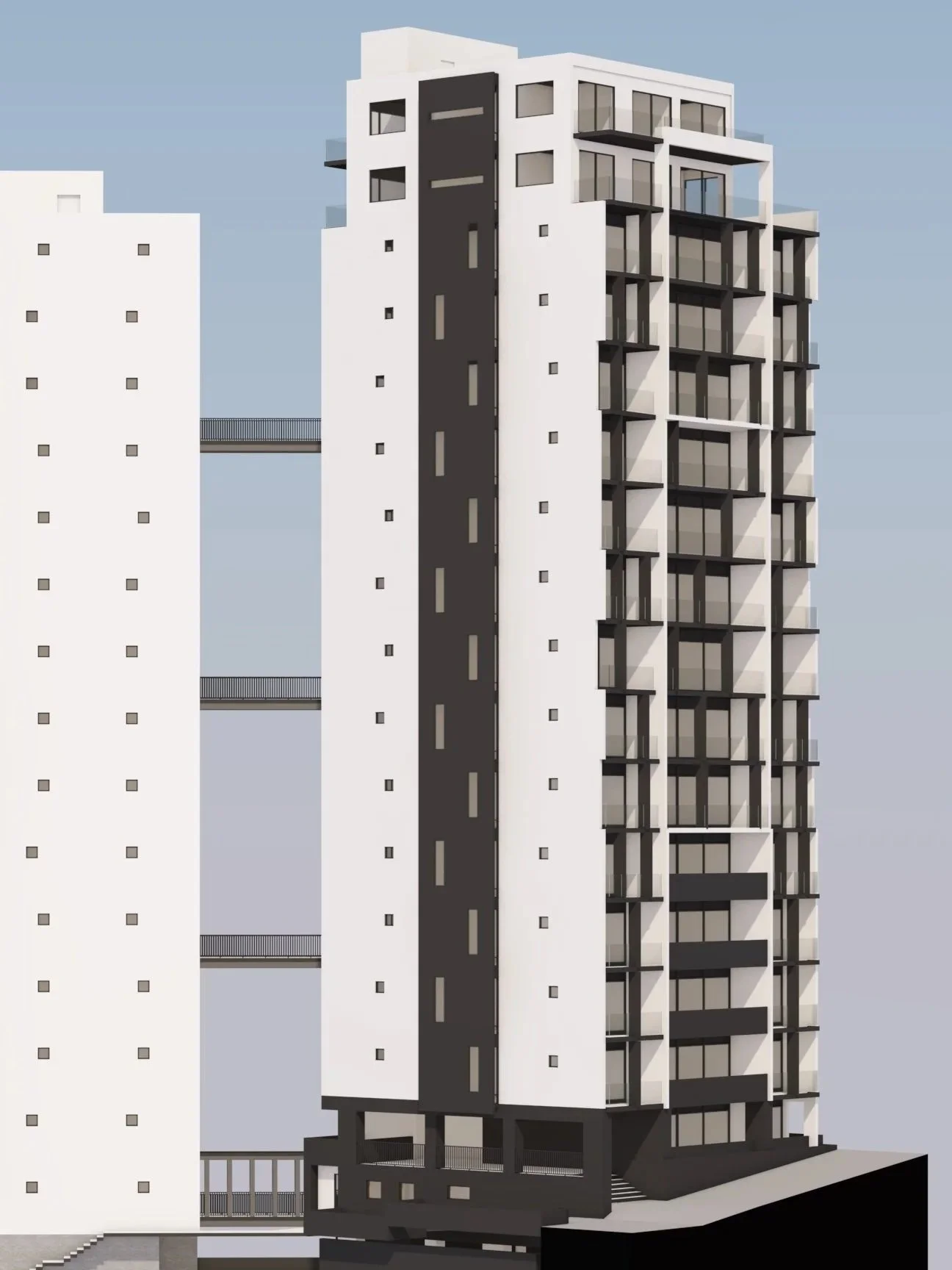 Rendering of a modern high-rise residential building with white and black exterior, multiple balconies with glass railings, and large windows.