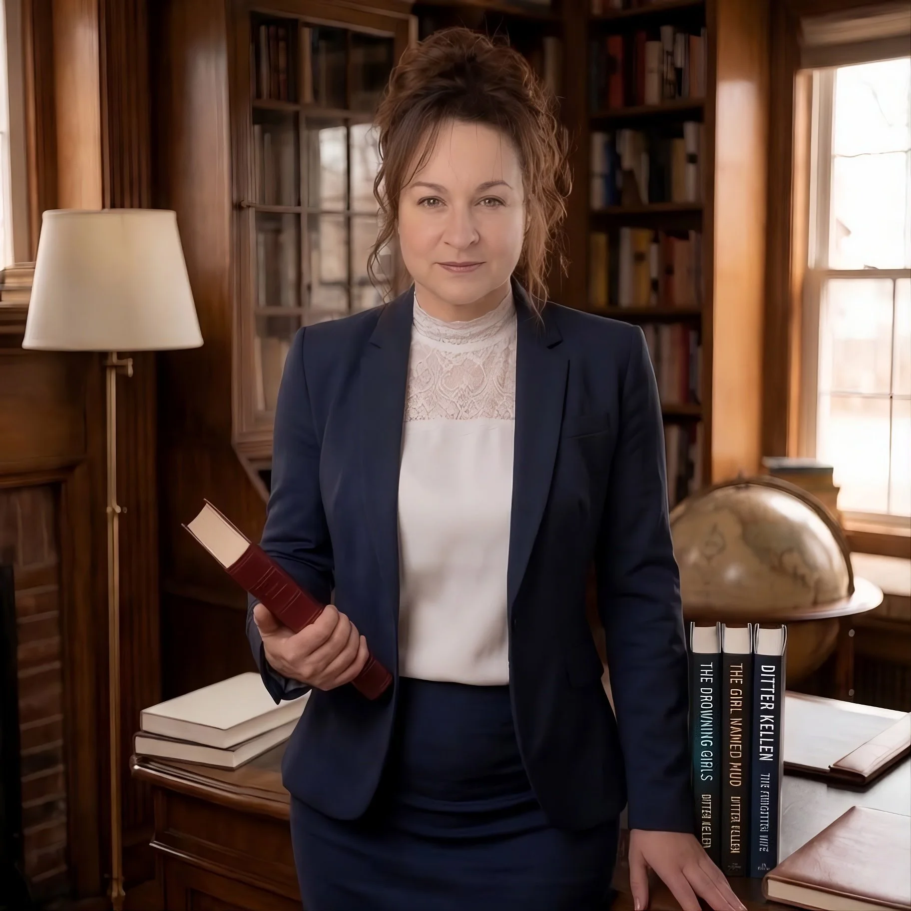 A woman with curly red hair, wearing a navy blazer over a lace top, holding a red hardcover book, standing in a cozy, wood-paneled room with bookshelves, a globe, and a window with natural light.