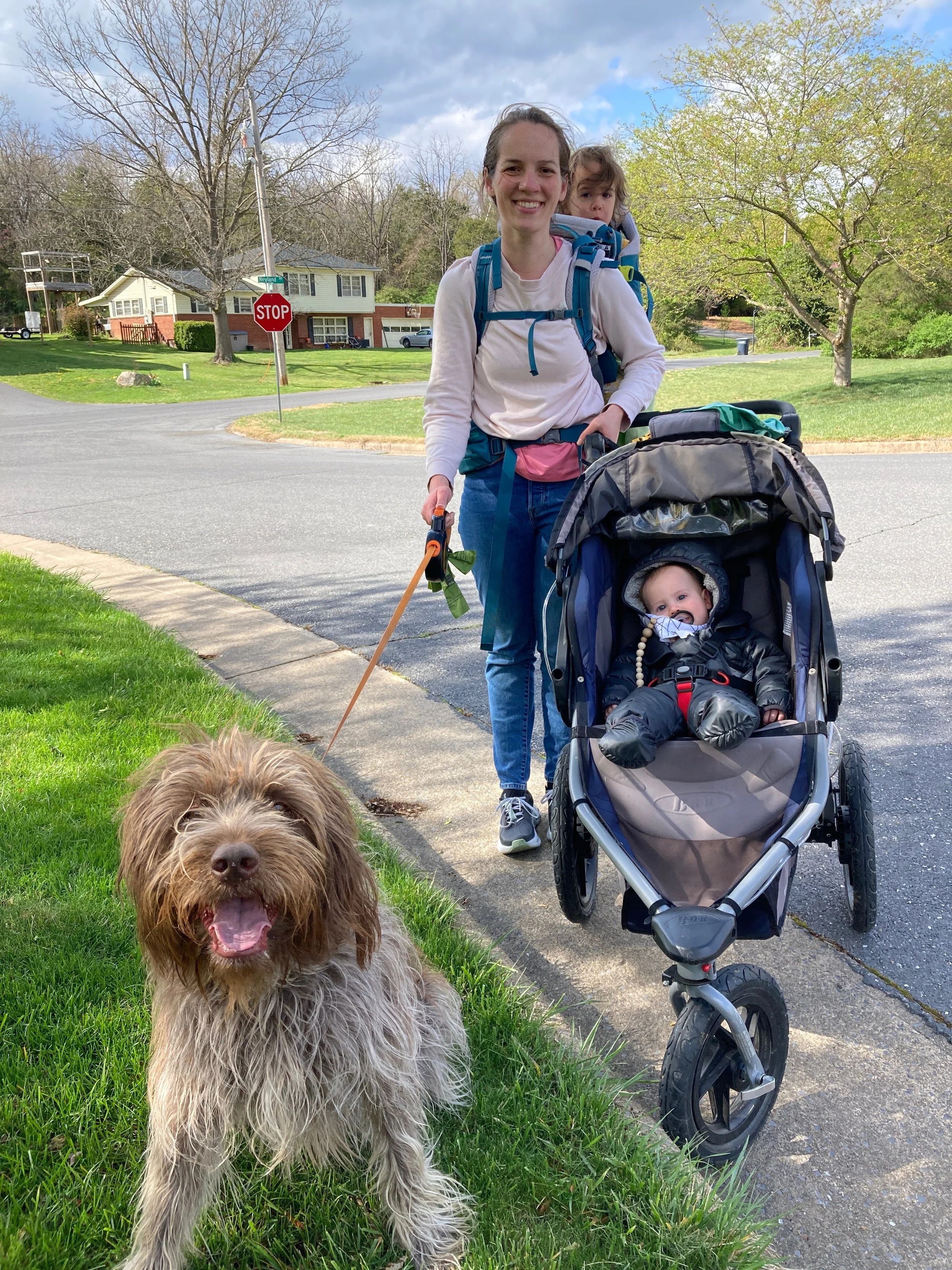 A woman with light skin, brown hair, smiling, in a white long-sleeve shirt and blue jeans, walking on a suburban sidewalk with two children in a blue and gray stroller. One child is a baby with light skin, dark hair, wearing a black jacket, lying in the stroller; the other is a toddler with light skin, brown hair, in a backpack carrier on the woman’s back. There is a large fluffy brown dog with a long coat and a happy expression in the grass nearby. The background includes houses, trees, a stop sign, and a partly cloudy sky.