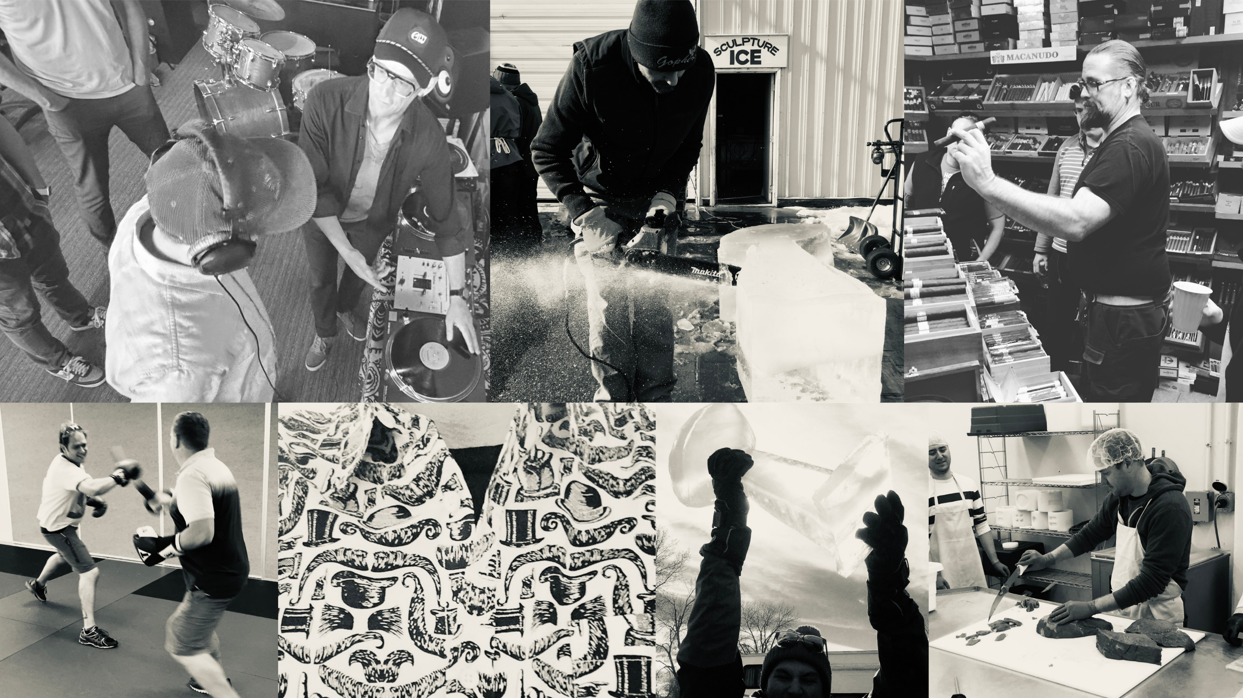 Collage of black and white photos showing various activities: people in a music studio, a person cutting ice, a meat cutting workshop, boxing training, and other scenes of daily life.