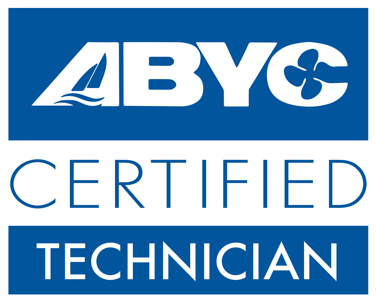 ABYC Certified Technician logo with blue background, white text, a sailboat icon, and a propeller icon.