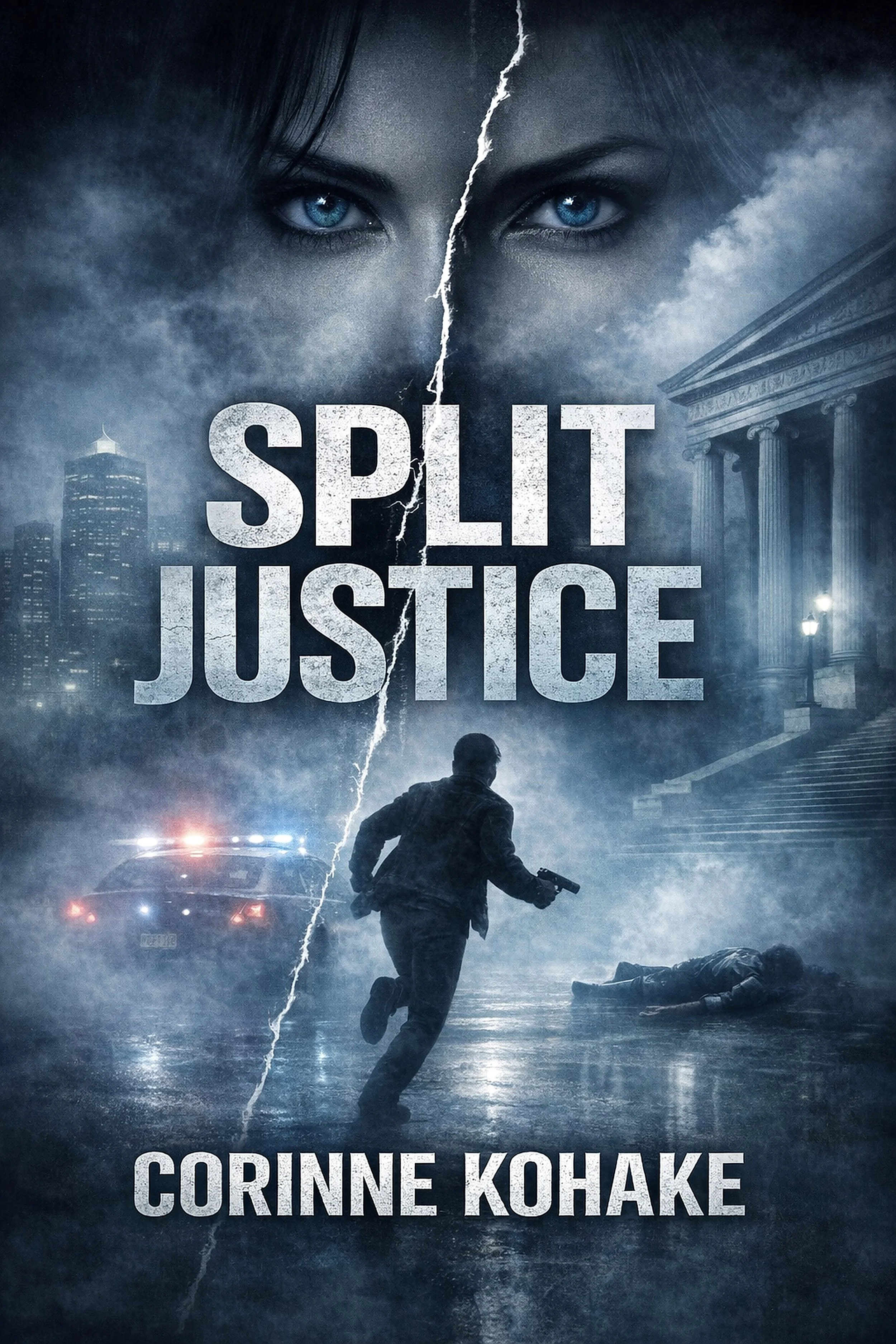 Dramatic movie poster for 'Split Justice' featuring a woman's intense blue eyes, a clouded cityscape, a police car with flashing lights, a man running holding a gun, and ancient ruins, all set against a stormy sky with lightning.