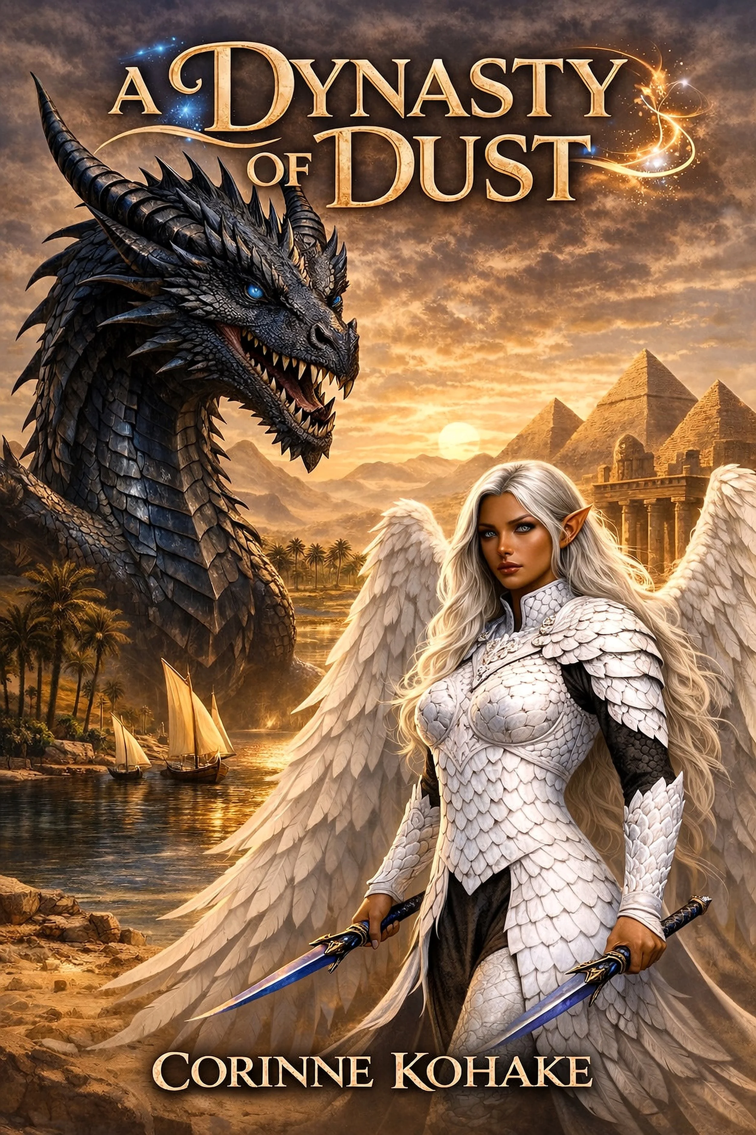 Fictional fantasy book cover titled "A Dynasty of Dust" by Corinne Kohake. Features a female angel with long blonde hair, white feathered wings, and a silver sword. Behind her, a fierce black dragon with glowing blue eyes and sharp scales. In the background, pyramids, a river with sailing ships, palm trees, and a sunset with a cloudy sky.
