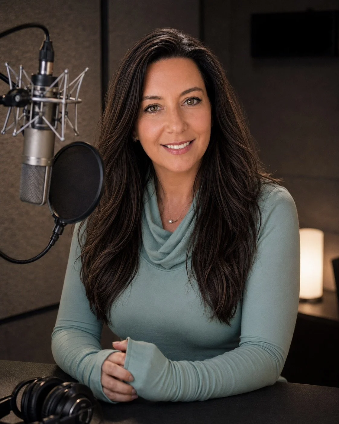 A woman with long dark hair sitting at a recording studio, smiling at the camera, microphone and headphones in front of her, in a professional recording environment.