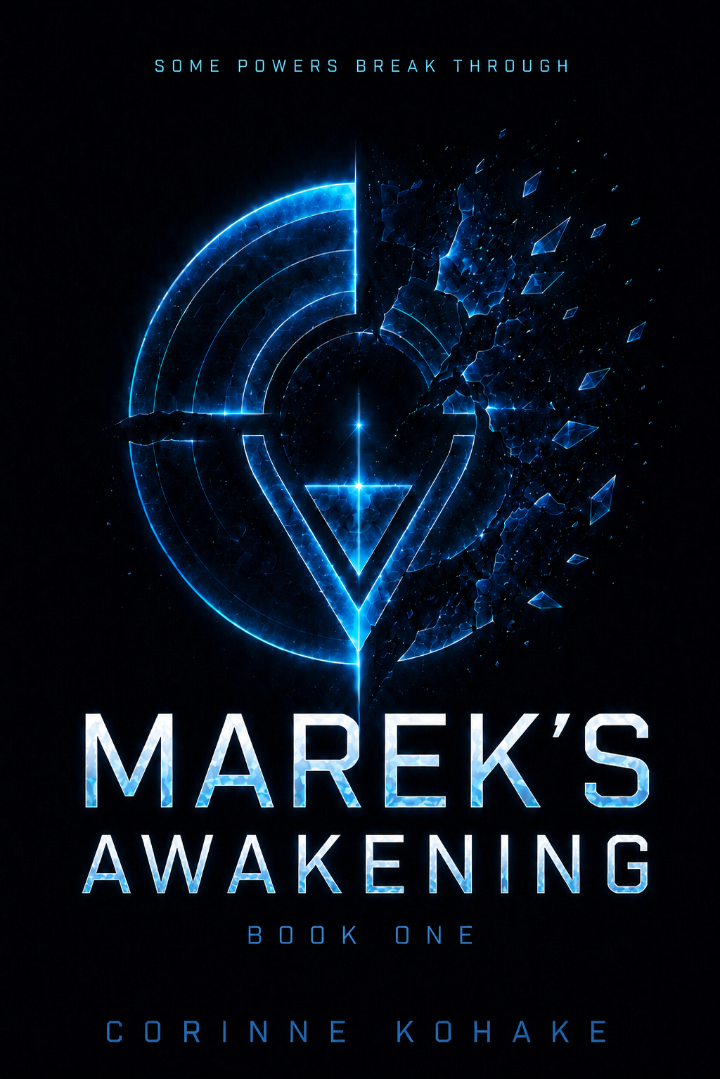 Cover of "Marek's Awakening" featuring a glowing blue geometric design with a circular radar-like pattern and breaking apart digital fragments, title and author name displayed.
