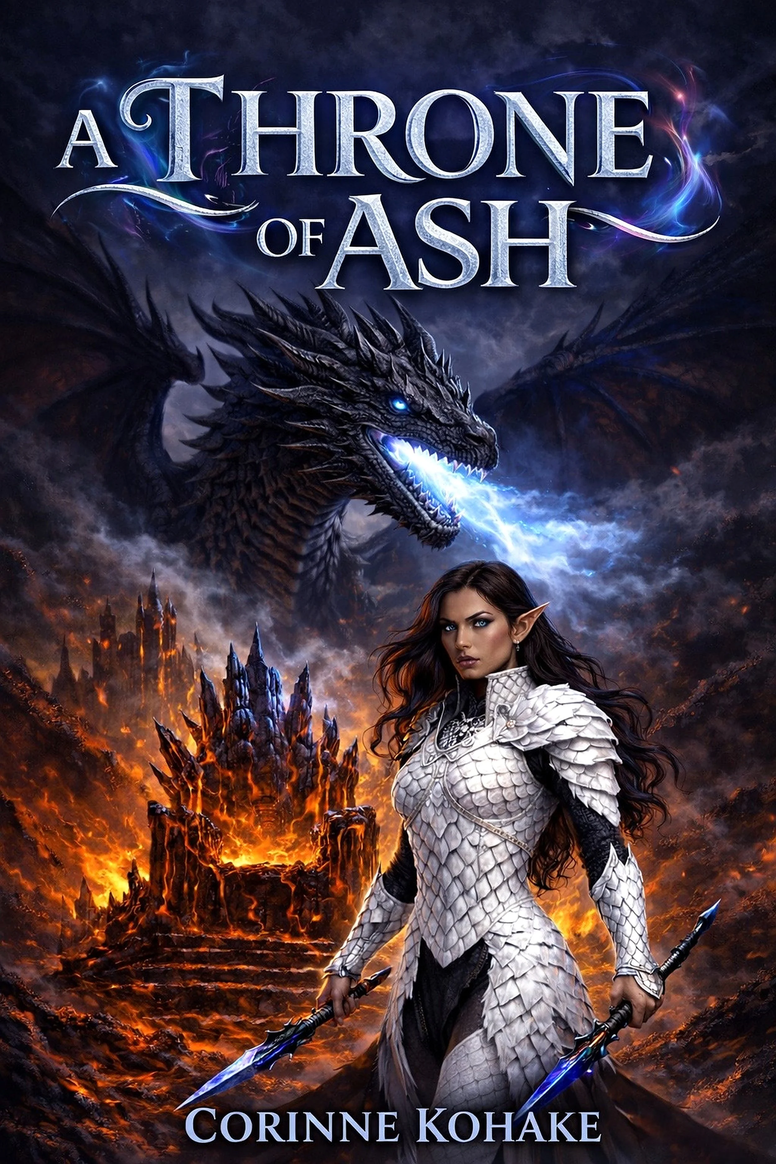 Book cover for "A Throne of Ash" by Corinne Kohake featuring a woman in white scale armor wielding a spear, a large blue-eyed dragon with black wings, and a fiery volcanic landscape with a castle in the background.
