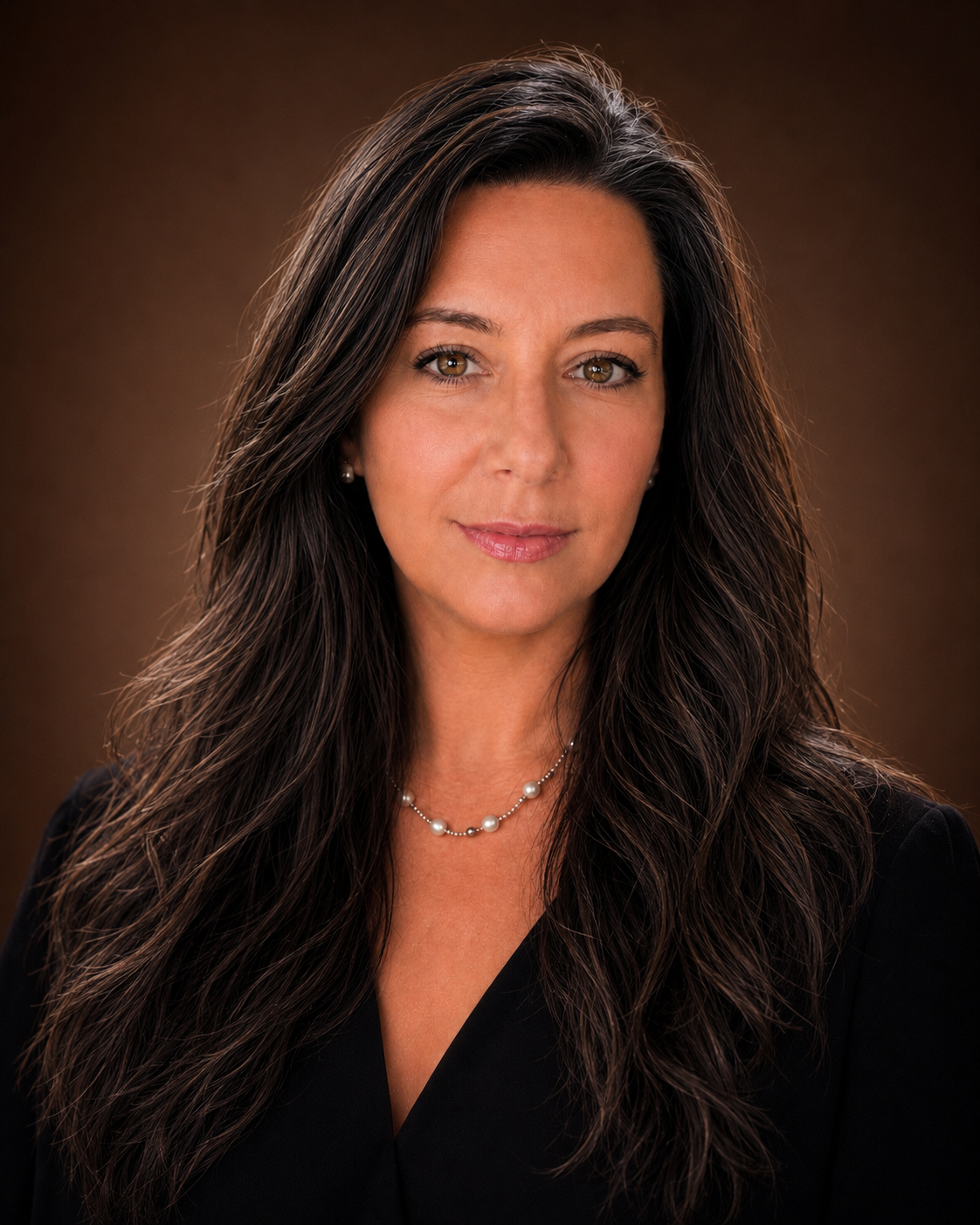 A woman with long dark hair, brown eyes, and light makeup, wearing a black top and pearl jewelry, looking directly at the camera with a slight smile against a brown blurred background.