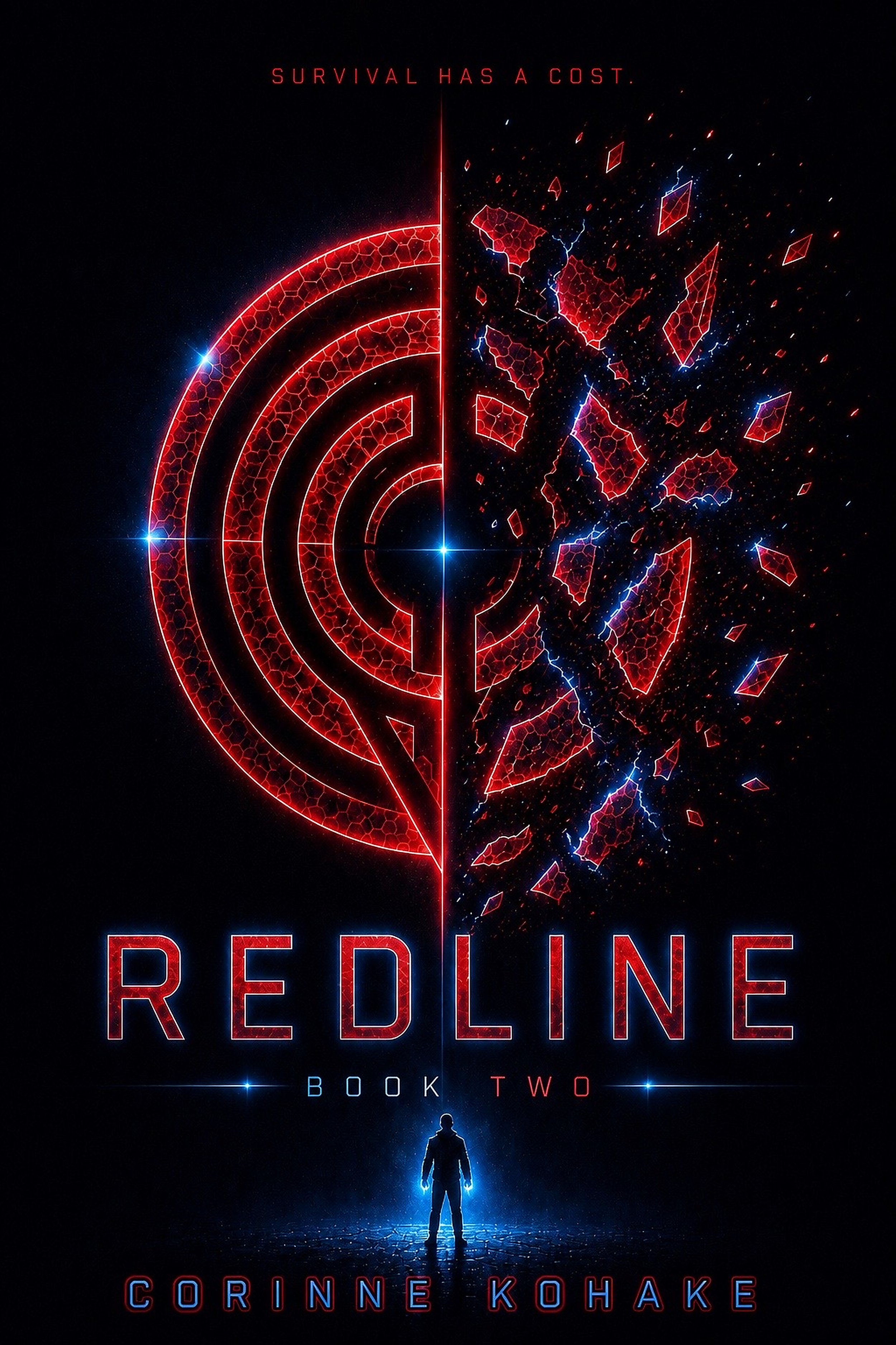 Book cover for 'Redline, Book Two' by Corinne Kohake, featuring a split design with a radar screen on the left and shattered red crystal shards on the right, with a silhouette of a person standing in blue glowing light at the bottom.
