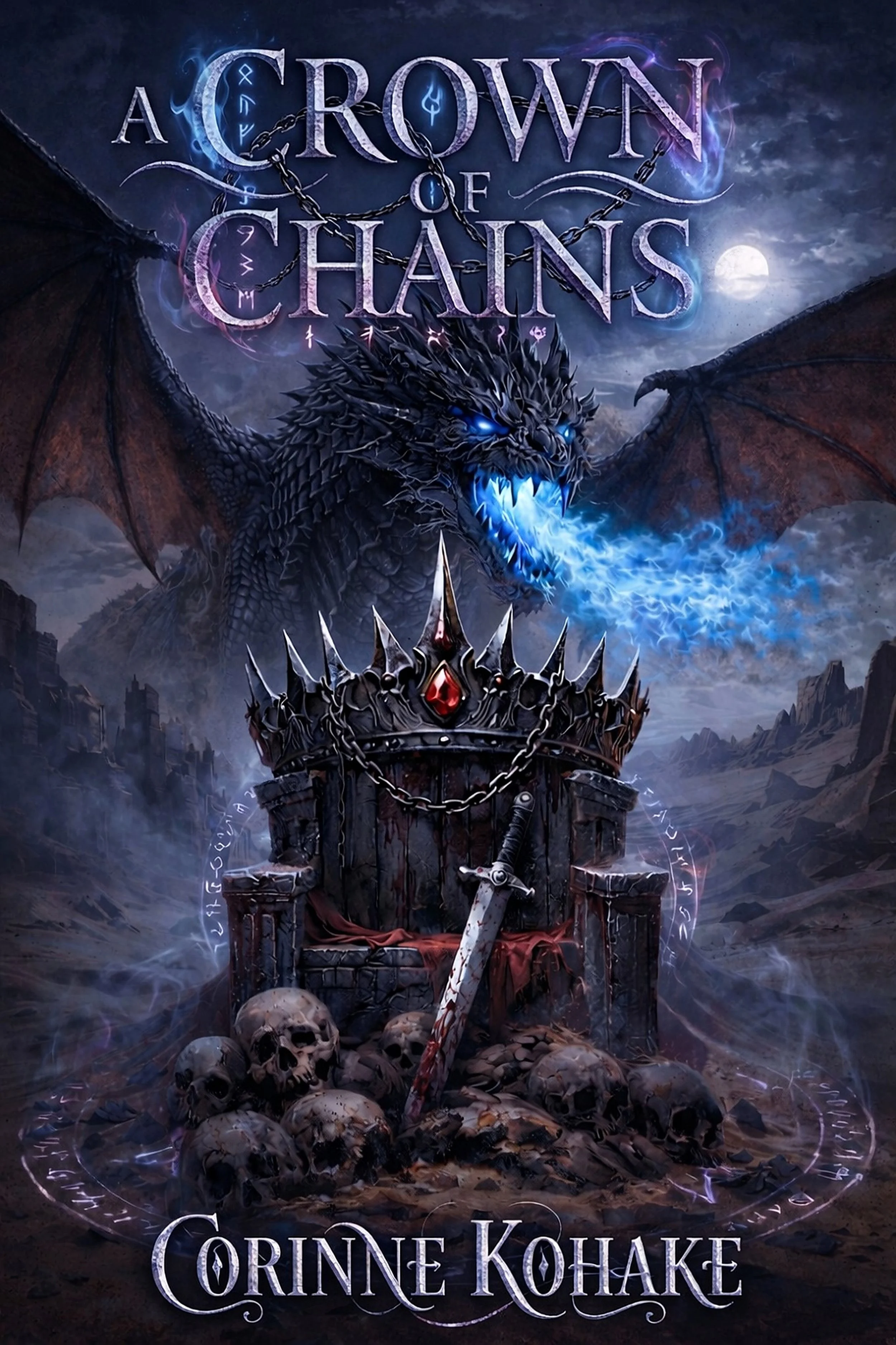 A dark fantasy illustration featuring a fierce, dragon-like creature with glowing blue eyes and fire breathing, perched above a throne made of skulls. The background displays a moonlit sky with ominous clouds and distant mountains. The title 'A Crown of Chains' and the author's name 'Corinne Kohake' are displayed prominently with mystical symbols and chains entwined around the text.