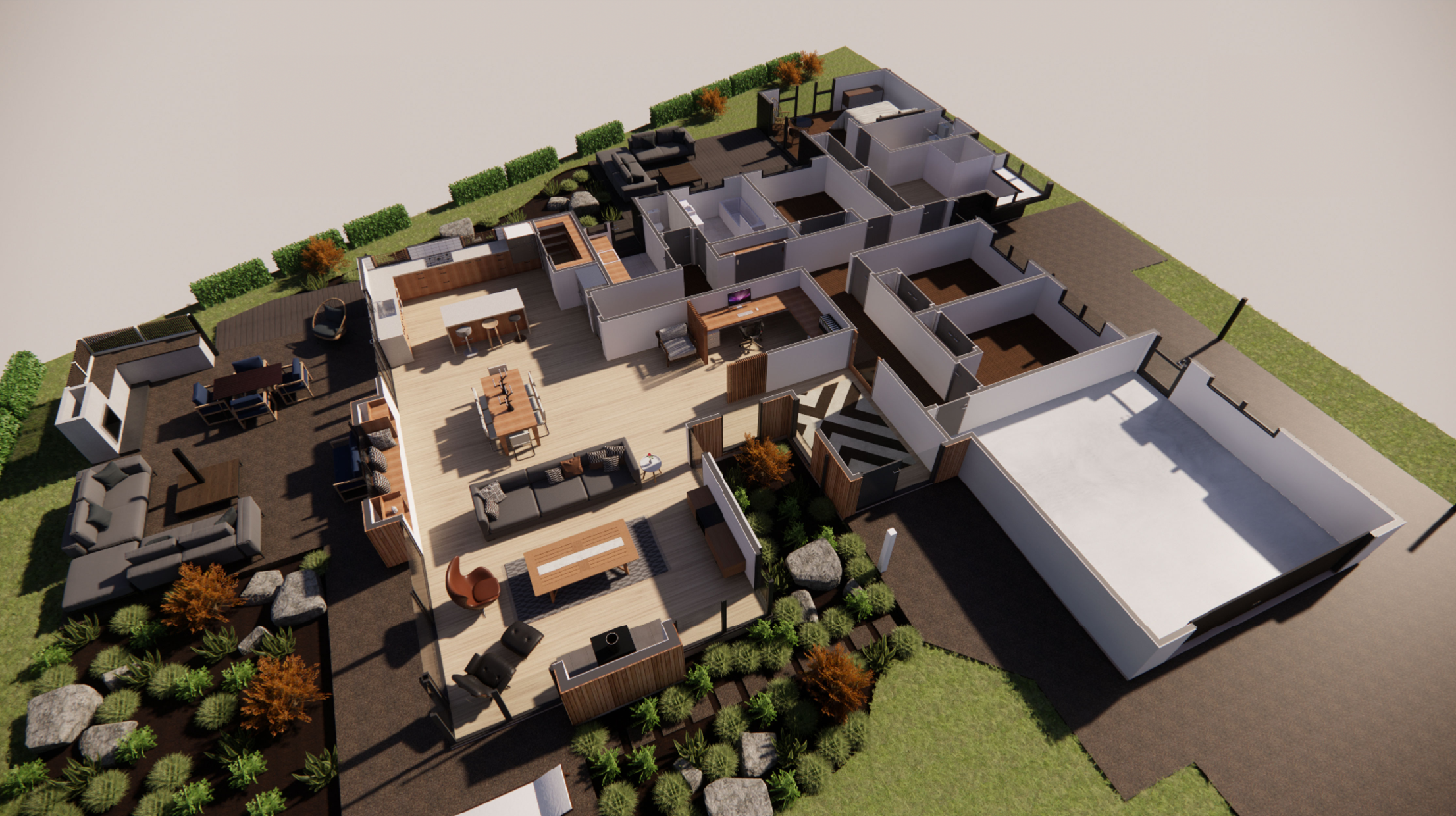 3D floor plan showing proposed reconfigured house