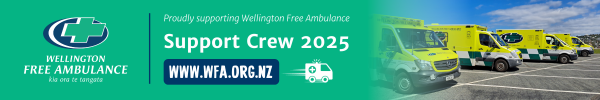 Banner supporting Wellington Free Ambulance, showing emergency vehicles and the text 'Support Crew 2025' and website 'www.wfa.org.nz'.