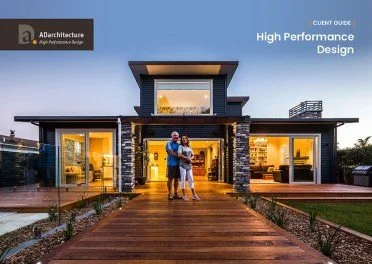 A client guide booklet cover showing a modern house with large glazing and doors onto a deck.