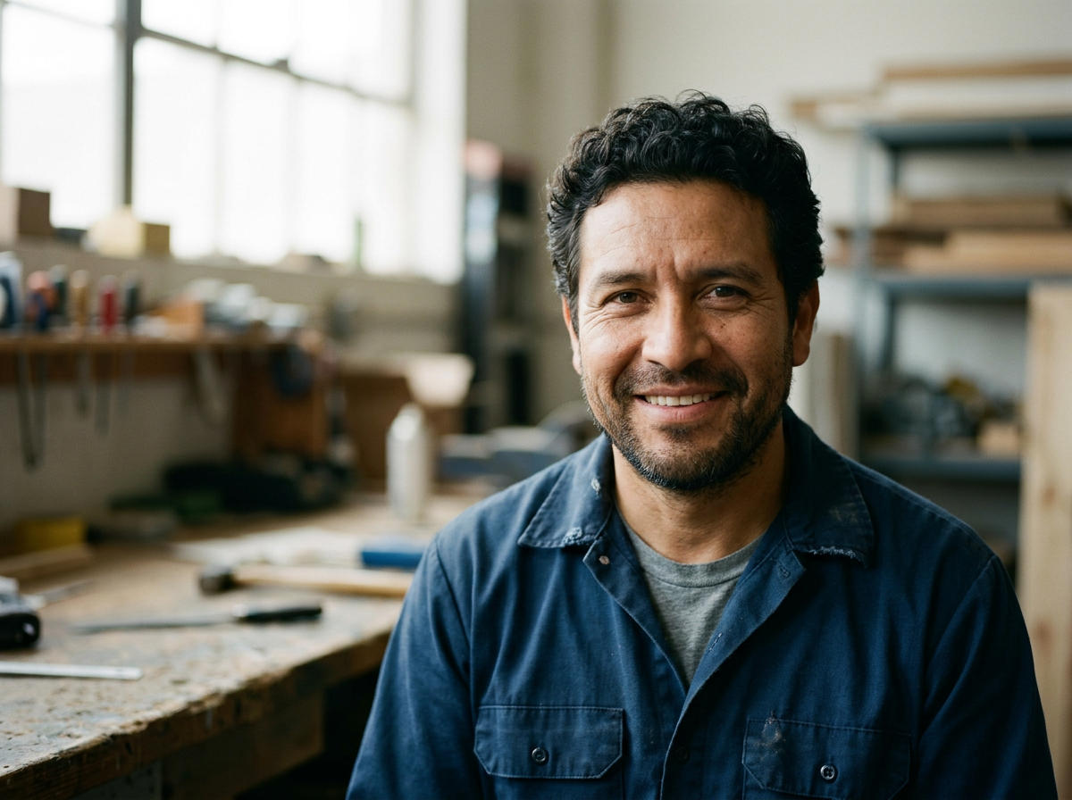Smiling man with dark curly hair and beard in a workshop environment, wearing a blue work shirt.