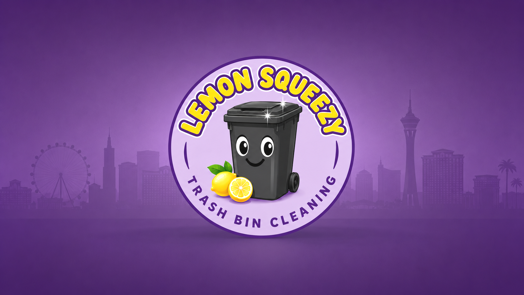 Logo for Lemon Squeezzy Trash Bin Cleaning, featuring a smiling cartoon trash bin with eyes, lemon and lemon slices, set against a purple city skyline background.
