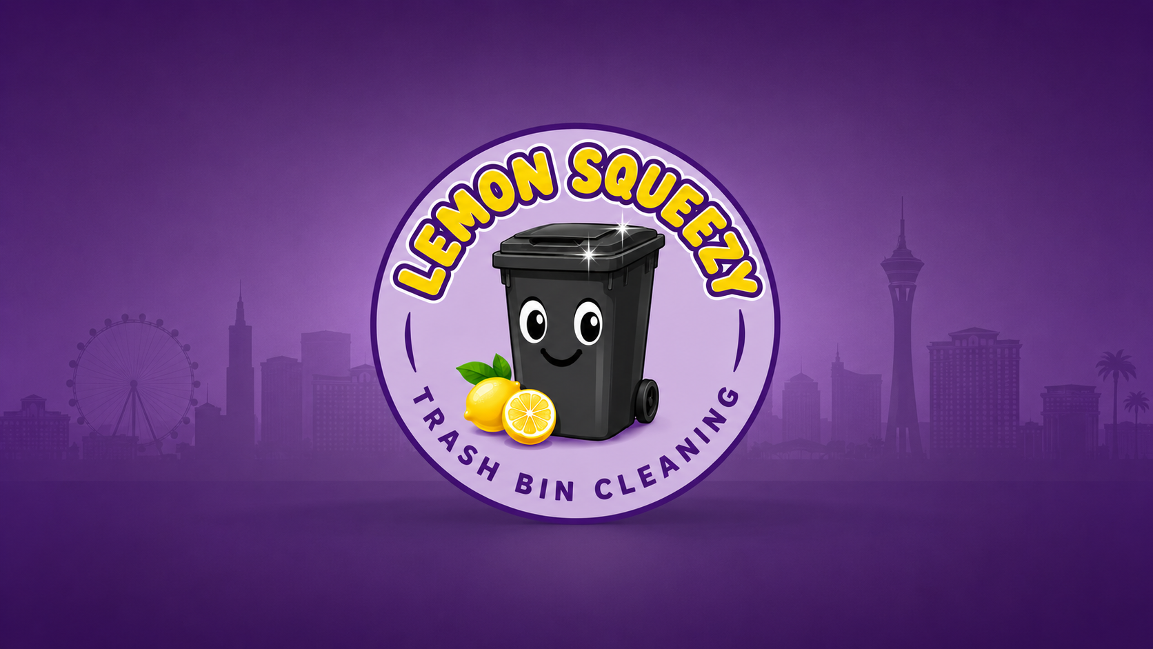 Purple background with a city skyline silhouette, featuring a Ferris wheel and a tower, with a logo in the center that has a smiling trash bin cartoon, lemon and lemon slice, and text 'Lemon Squeezy Trash Bin Cleaning'.