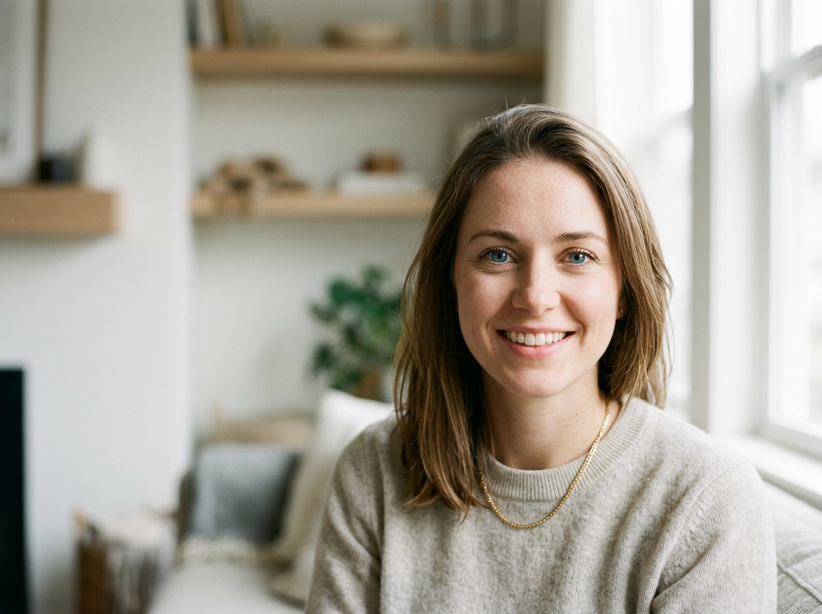 A woman with shoulder-length brown hair and blue eyes smiling at the camera in a bright living room.