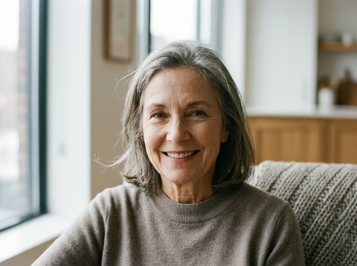 Portrait of a smiling older woman with gray hair sitting near a window in a cozy home interior.