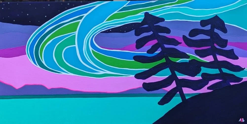 Colorful neon landscape with stylized trees, mountains, and swirling sky in shades of pink, purple, blue, and green.