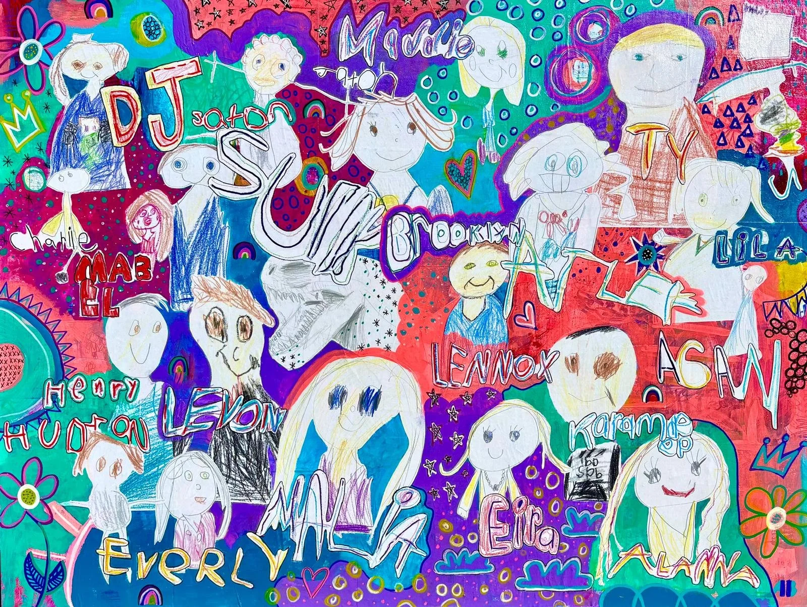Colorful child's drawing with various cartoon characters, hearts, stars, and rainbows, along with names and words like 'DJ,' 'Maddie,' 'Brooklyn,' and 'Lennox.'