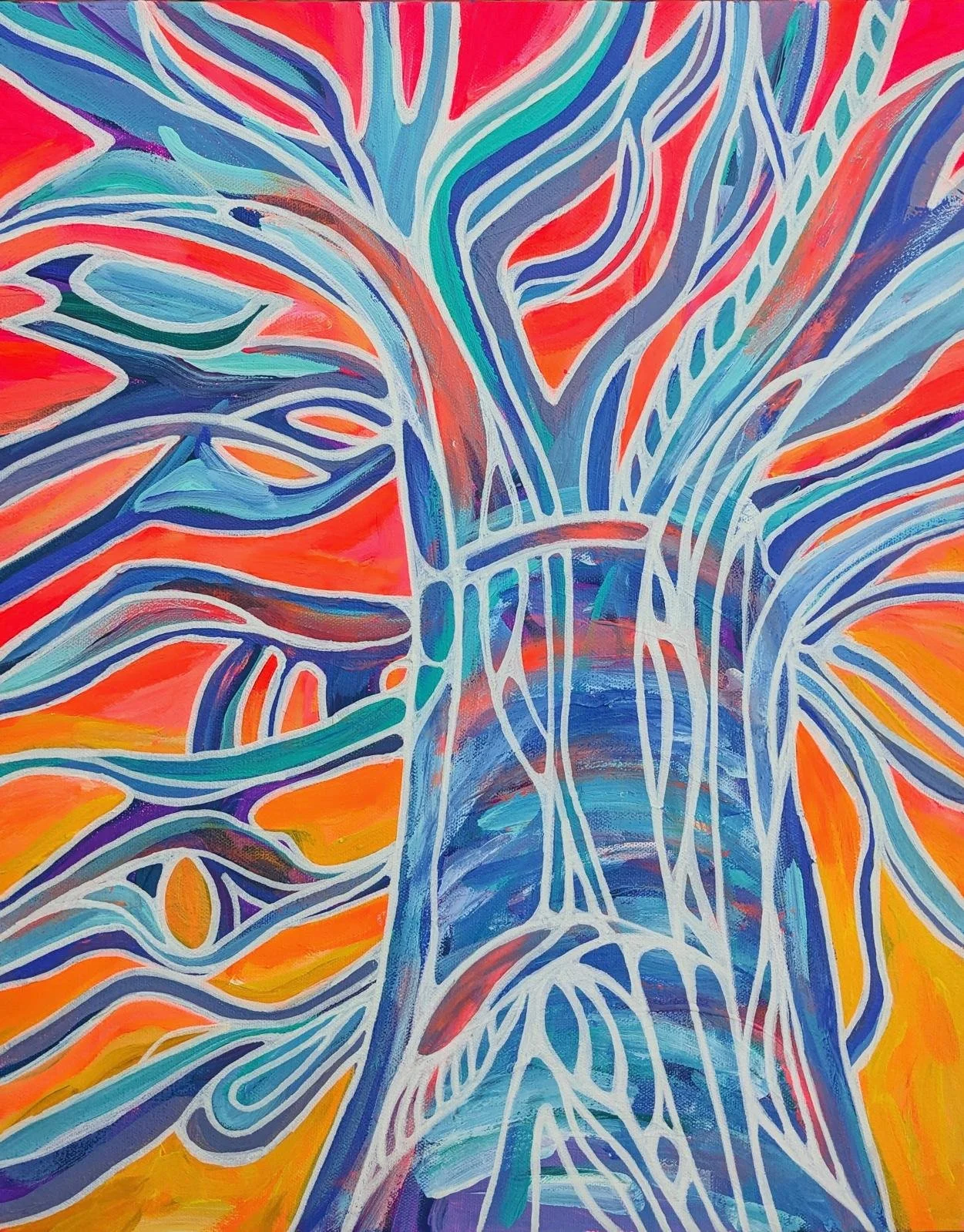 Abstract colorful painting with flowing lines and shapes in shades of blue, orange, red, purple, and white.
