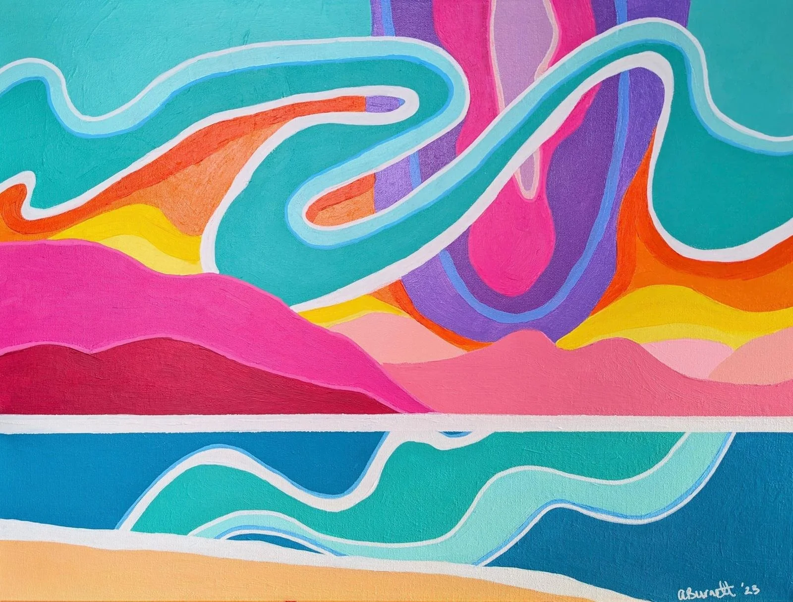 Abstract colorful painting with wavy lines and shapes in shades of pink, purple, blue, yellow, orange, and green, signed 'Asquith 23'.