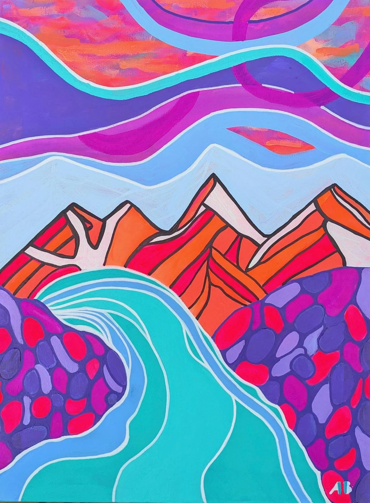Colorful abstract landscape painting featuring mountains, swirling clouds, and flowing water in vibrant shades of purple, pink, orange, blue, and turquoise.