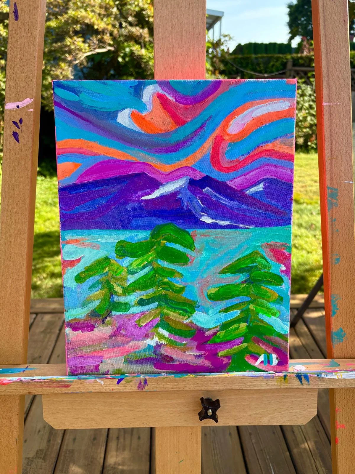Colorful landscape painting depicting a mountain scene with a sky filled with swirling clouds, a body of water in the foreground, and green pine trees.