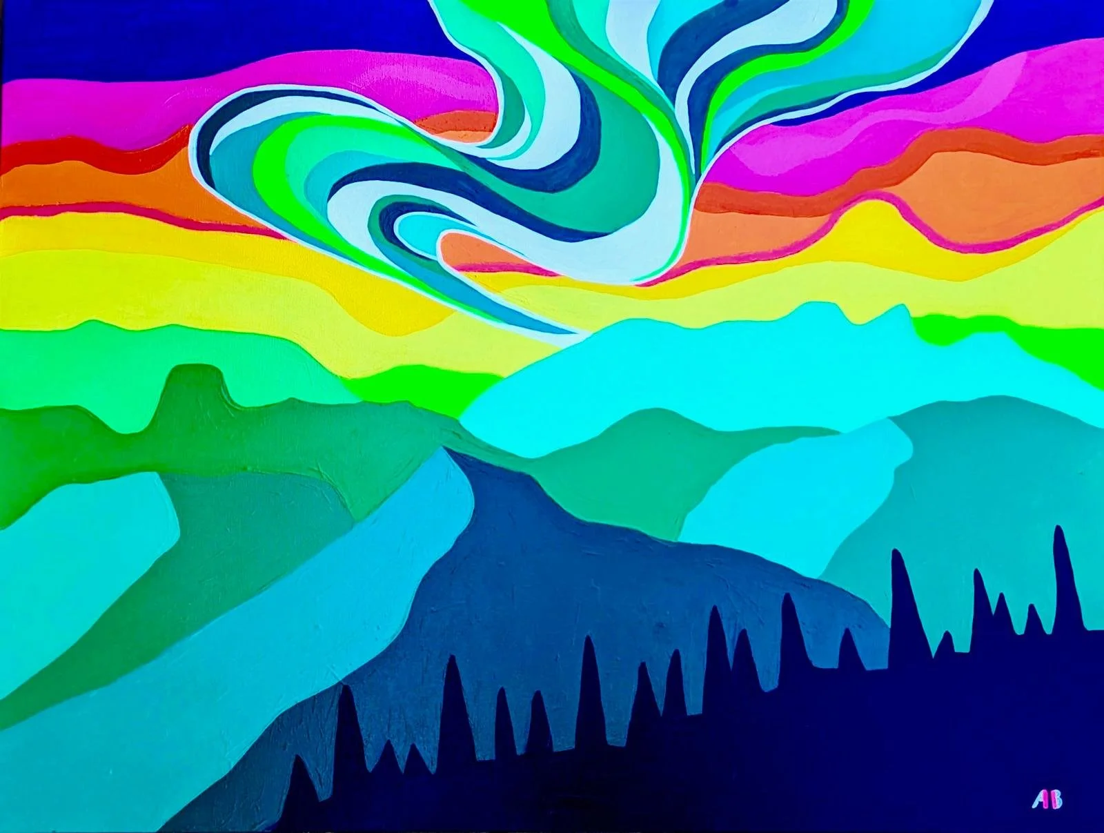 Colorful abstract landscape with rolling hills, mountains, and swirling sky in vibrant blues, greens, yellows, pinks, and purples.
