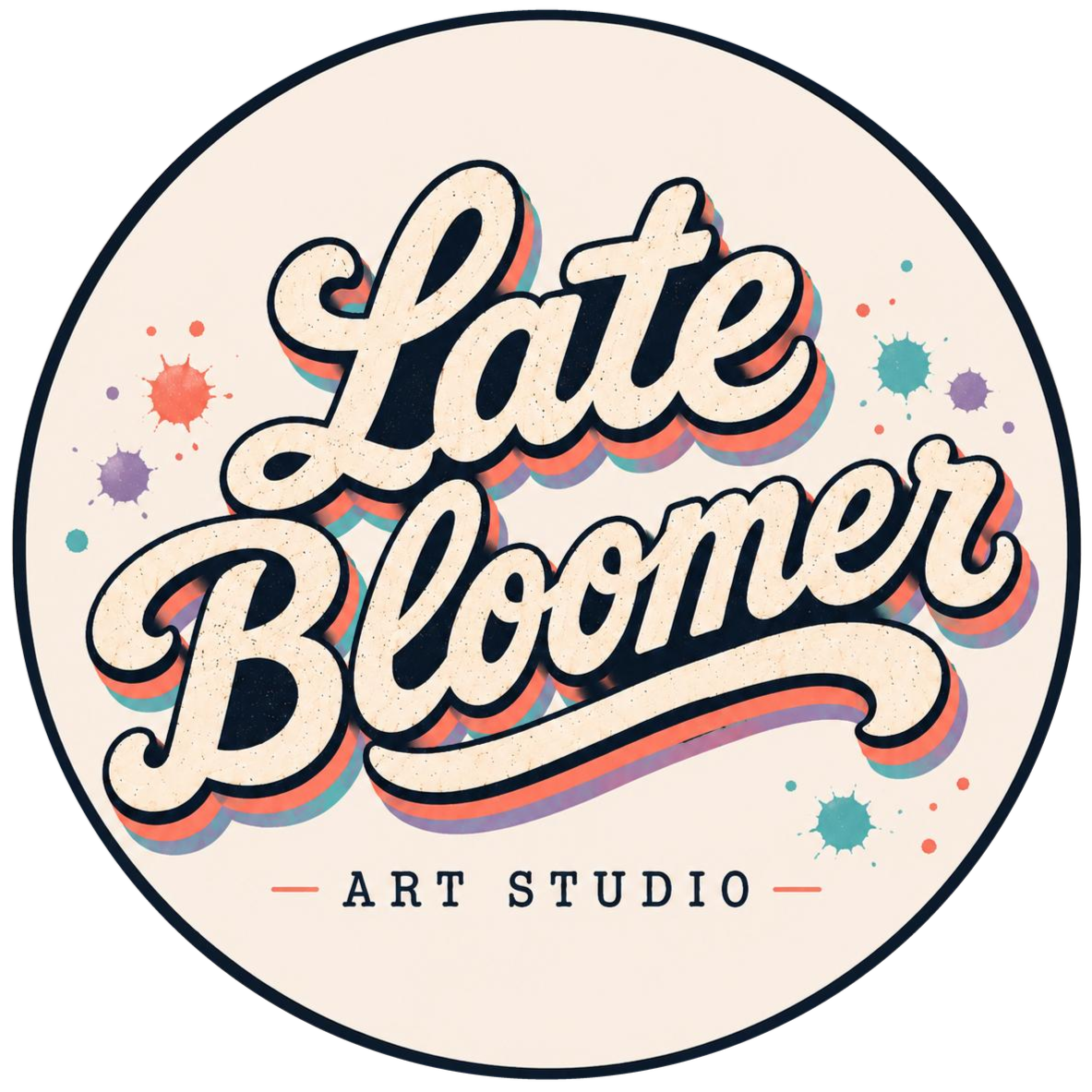 Logo for Late Bloomer Art Studio with colorful paint splatters
