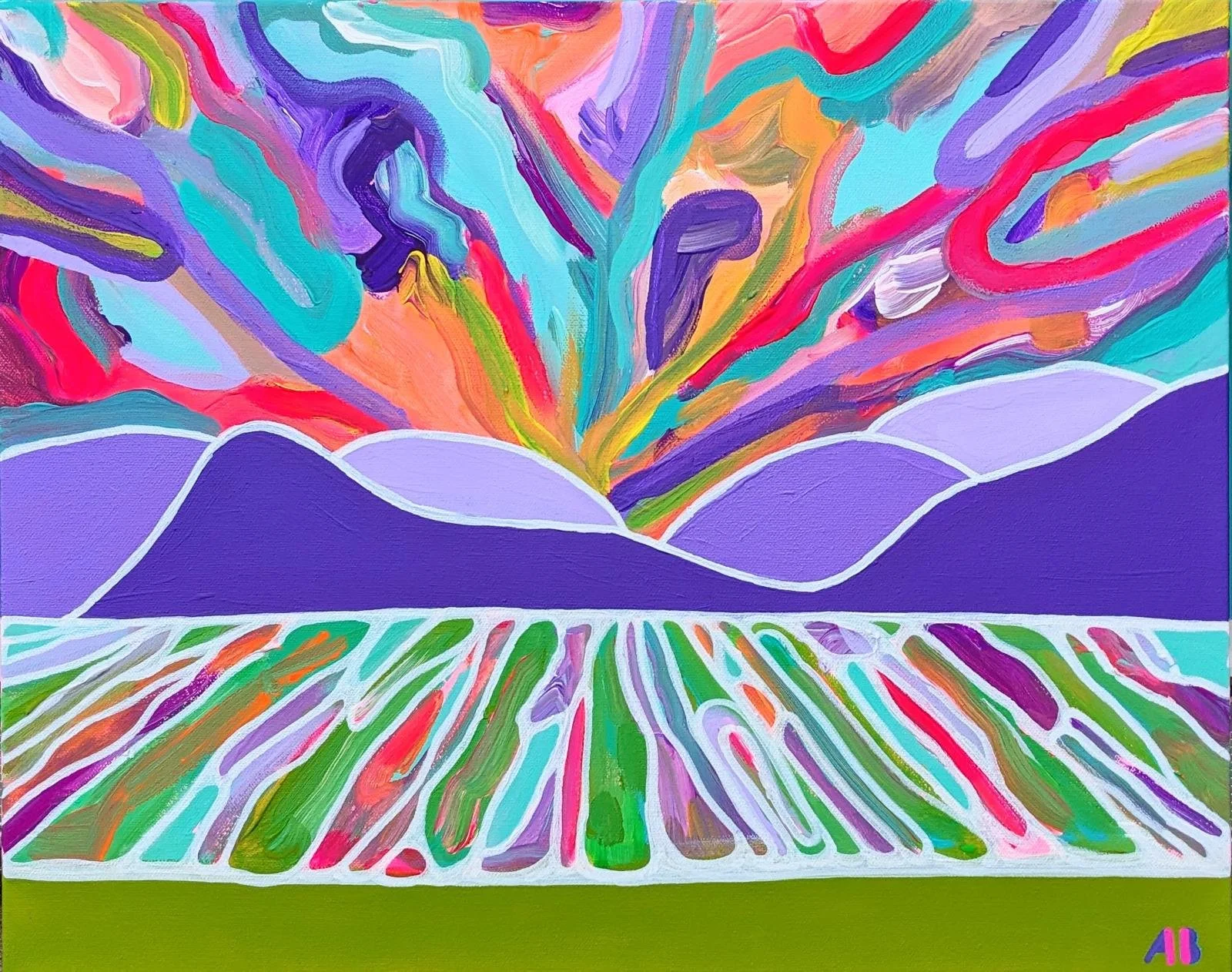 An abstract painting of a book opening with colorful, dynamic strokes emanating from the center. The background is purple with green and multicolored streaks at the bottom.