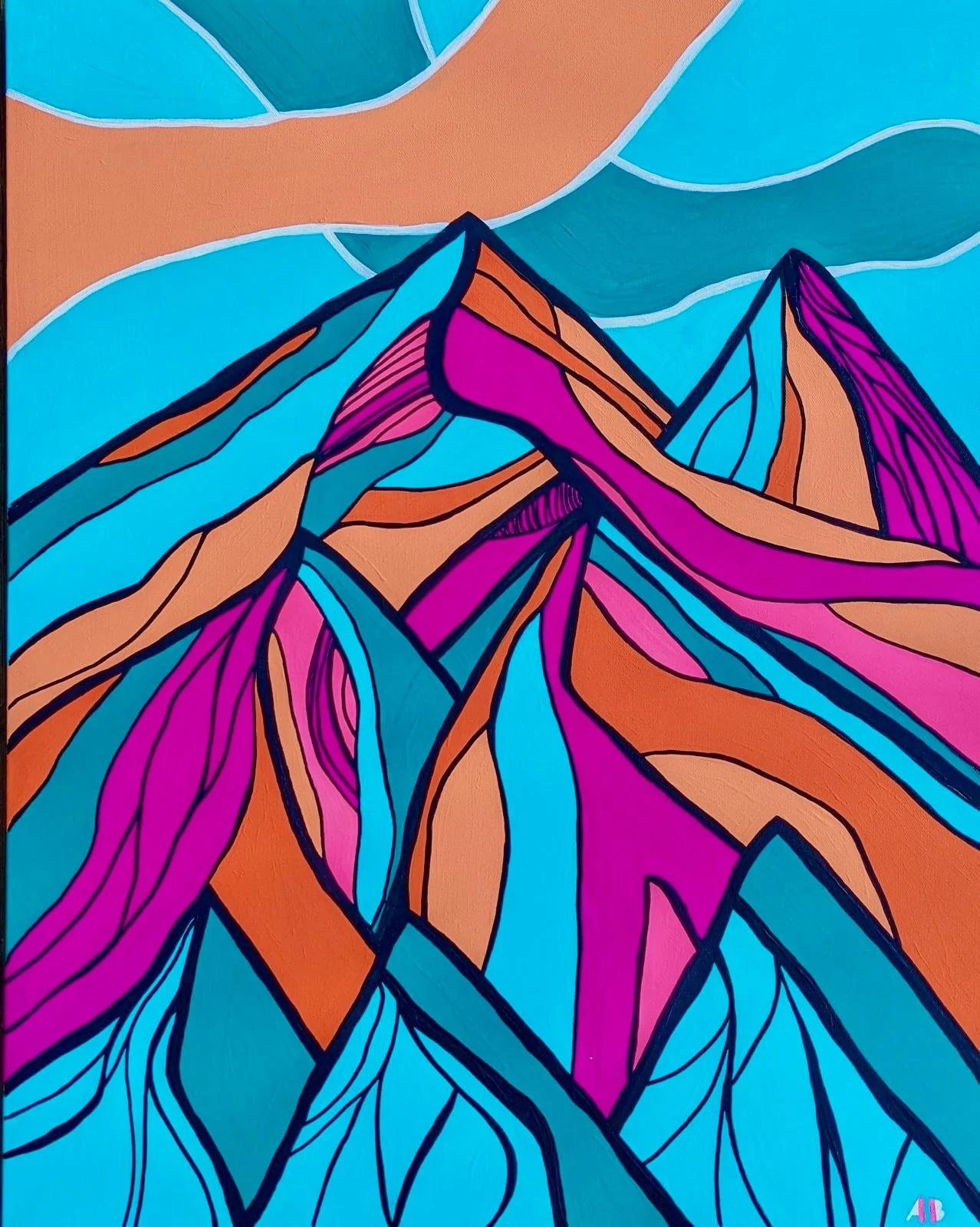 Colorful abstract painting of mountains with vibrant pink, orange, and blue hues, interconnected by black lines and stylized leaf patterns.