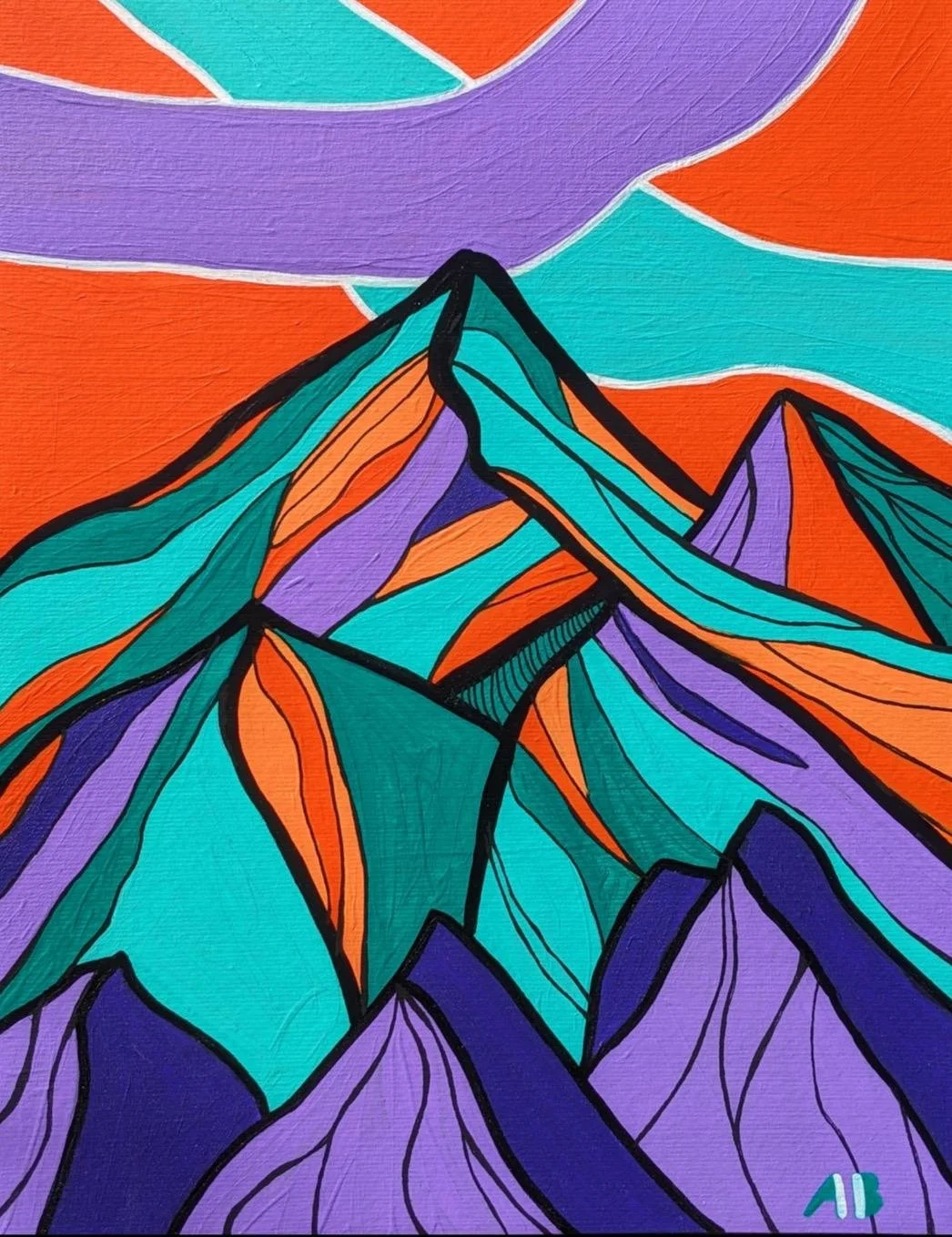 Abstract colorful illustration of mountain peaks with bold black outlines, featuring orange, purple, teal, and purple hues, and a vibrant orange and purple sky.