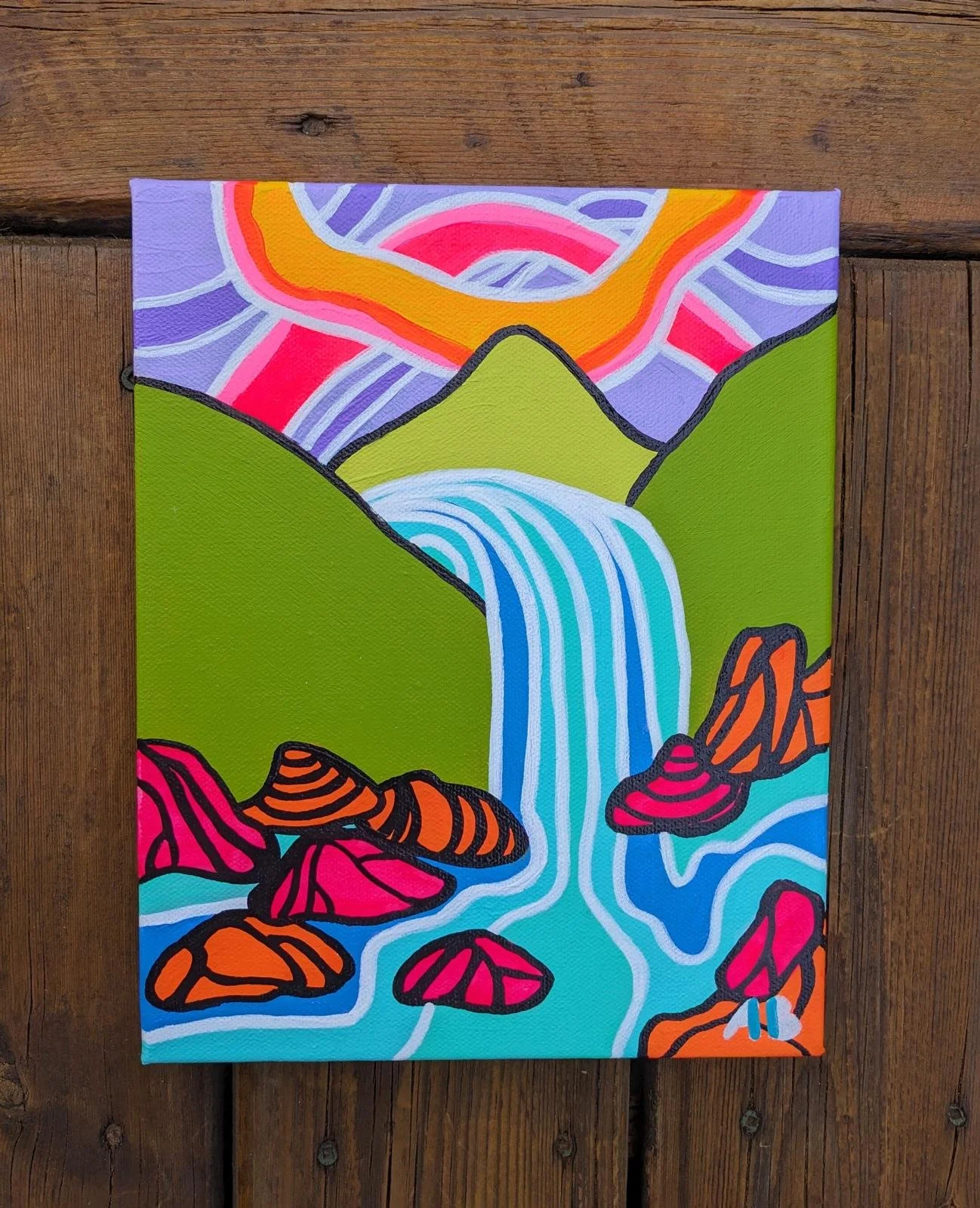 Colorful painting of a landscape with mountains, a waterfall, a river, and rocks, in a stylized, abstract style.