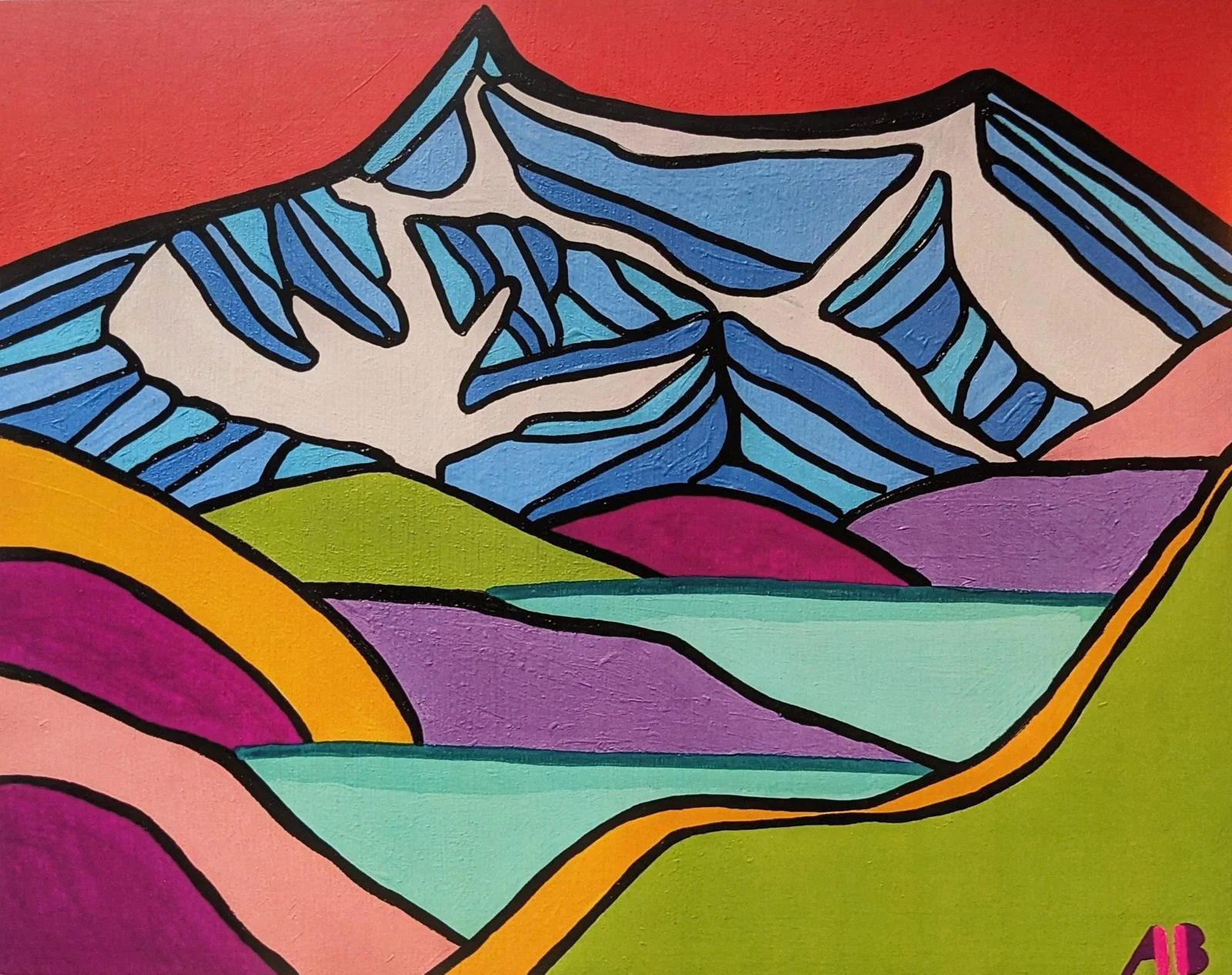 A colorful abstract painting of a mountain with snow-capped peaks, surrounded by different vibrant colors representing land and sky.