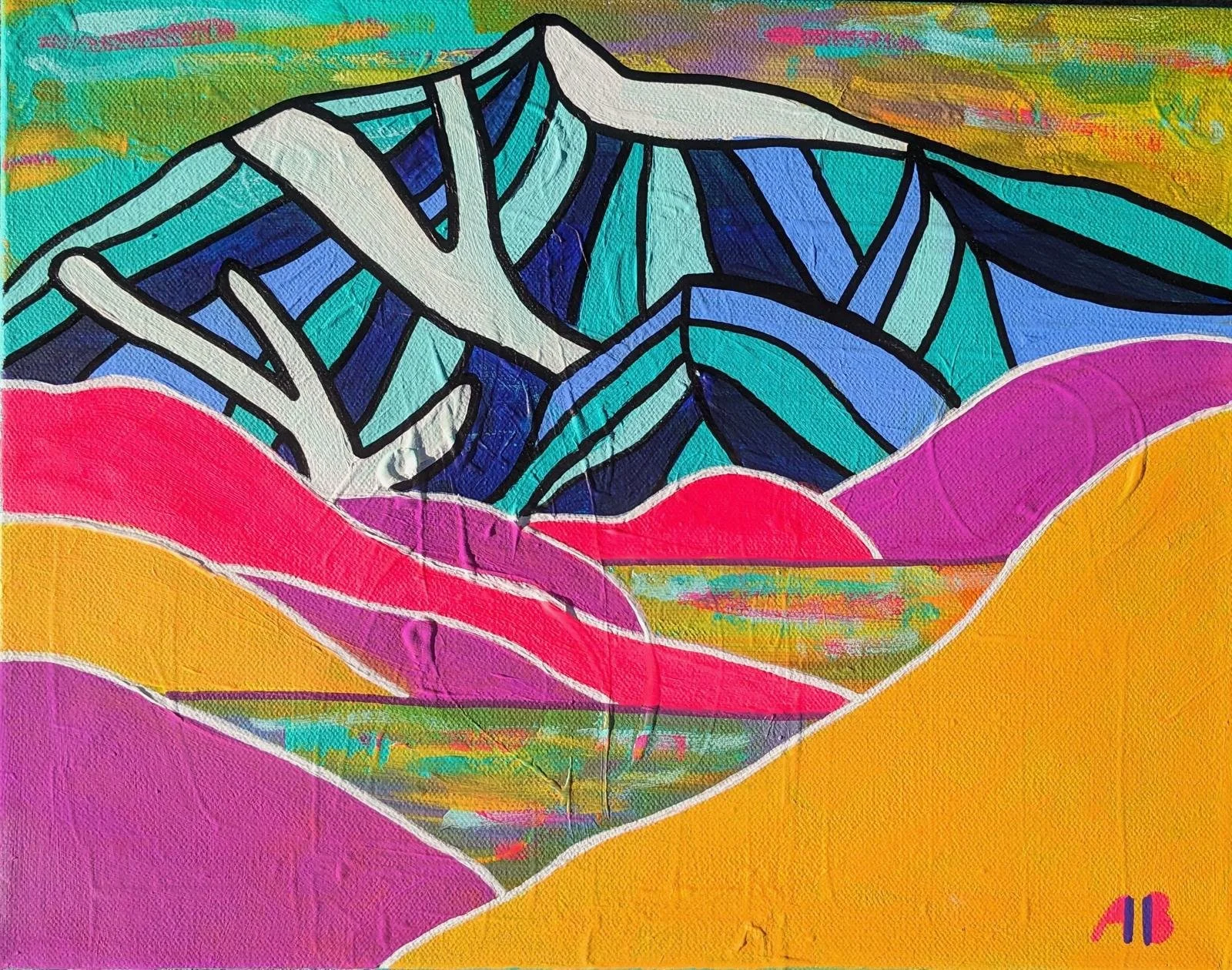 Abstract colorful painting with a mountainous landscape and stylized white leaves in the foreground, with a vibrant background blending multiple colors.