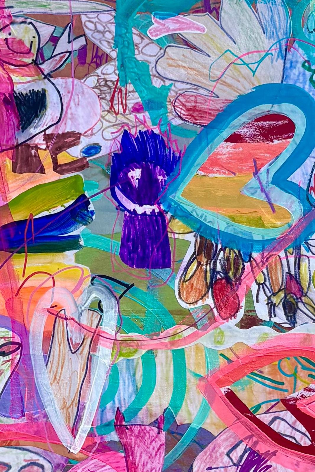 A vibrant, colorful drawing with abstract elements, hearts, flowers, and a purple figure, created with markers and crayon. Contains overlapping shapes and playful lines.