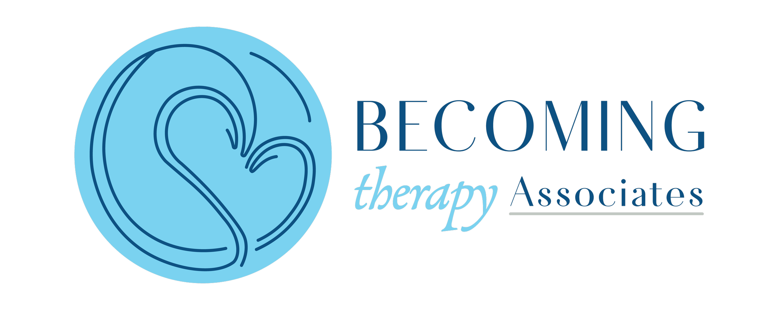 Logo for Becoming Therapy Associates featuring a stylized blue circular design with swirling lines and the text 'BEcoming therapy Associates' in blue and light blue font.