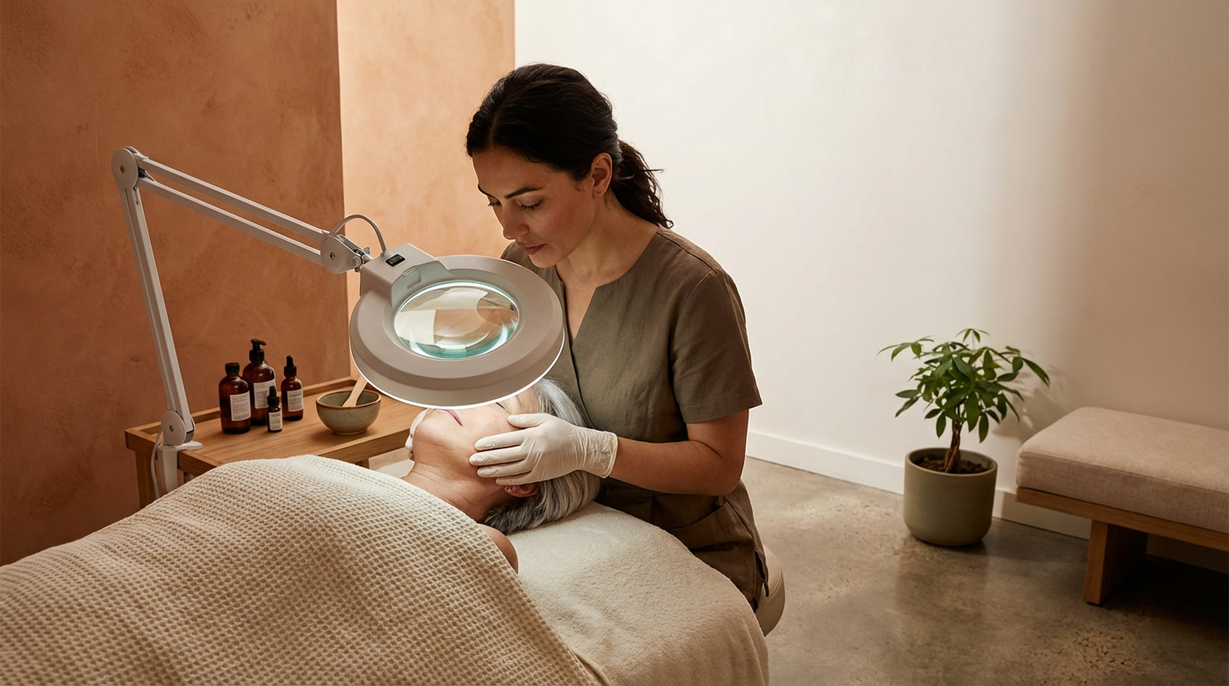 A woman is receiving a facial treatment from a skincare professional in a spa or clinic. The professional is looking down, wearing gloves, and is using a magnifying lamp to examine the woman's face. The room has a minimalist decor with a potted plant and skincare bottles on a small table.