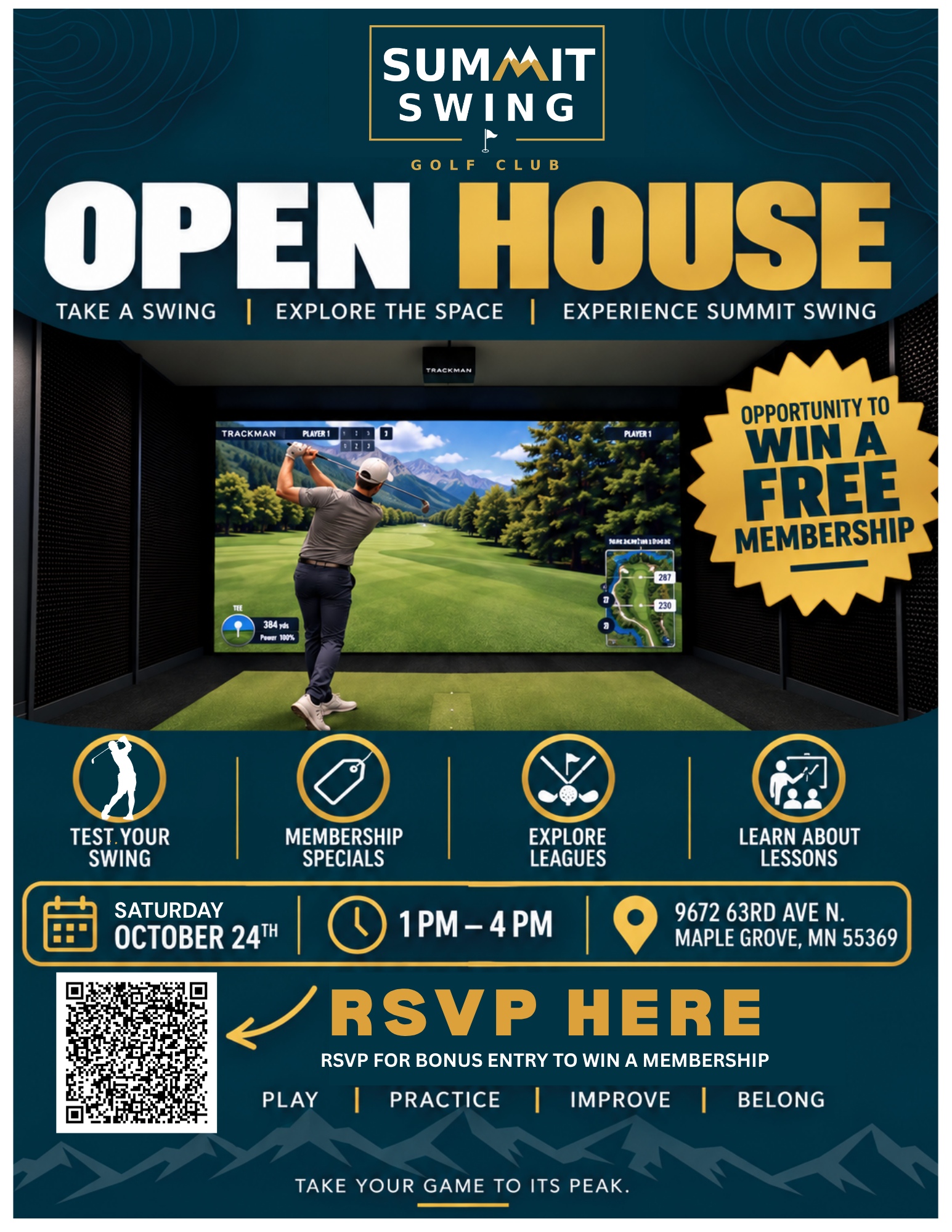 Summit Swing Golf Club Open House flyer: Saturday, October 24, 1 to 4 PM at 9672 63rd Ave N, Maple Grove. RSVP for a bonus entry to win a free membership.